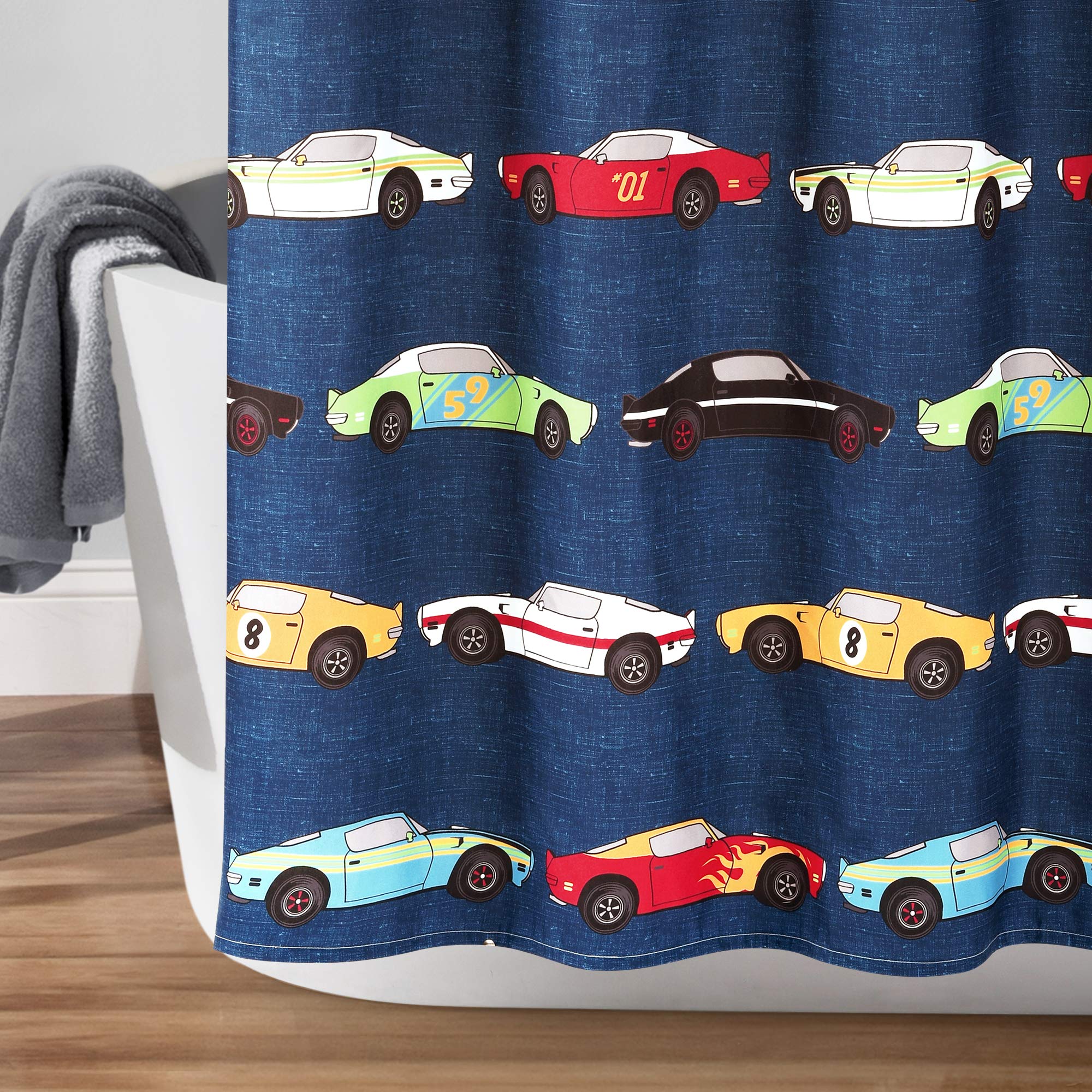 Lush Decor, Navy Cars Shower Curtain-Fabric Racing Print Design For Kids, X 72