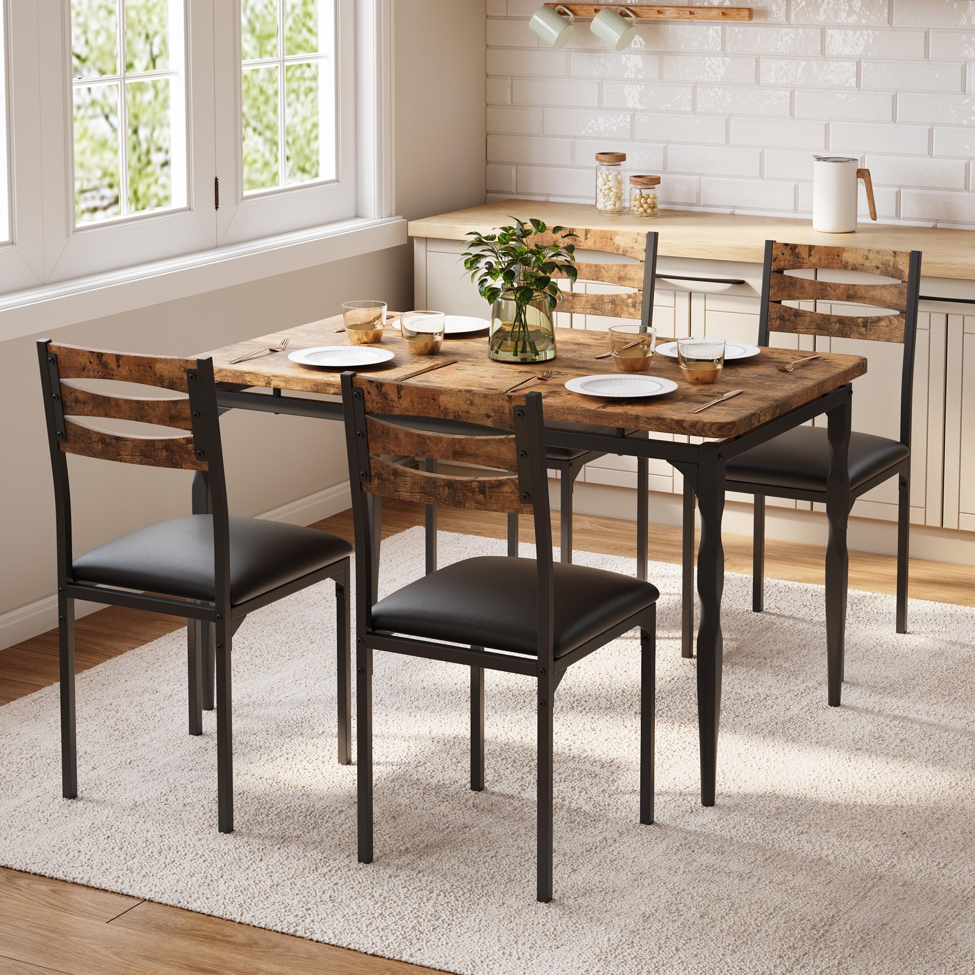GarveeHome 5 Piece Dining Table Set, Industrial Style Dining Table and Chairs Set for 4, Kitchen Table Set for Dining Room Kitch