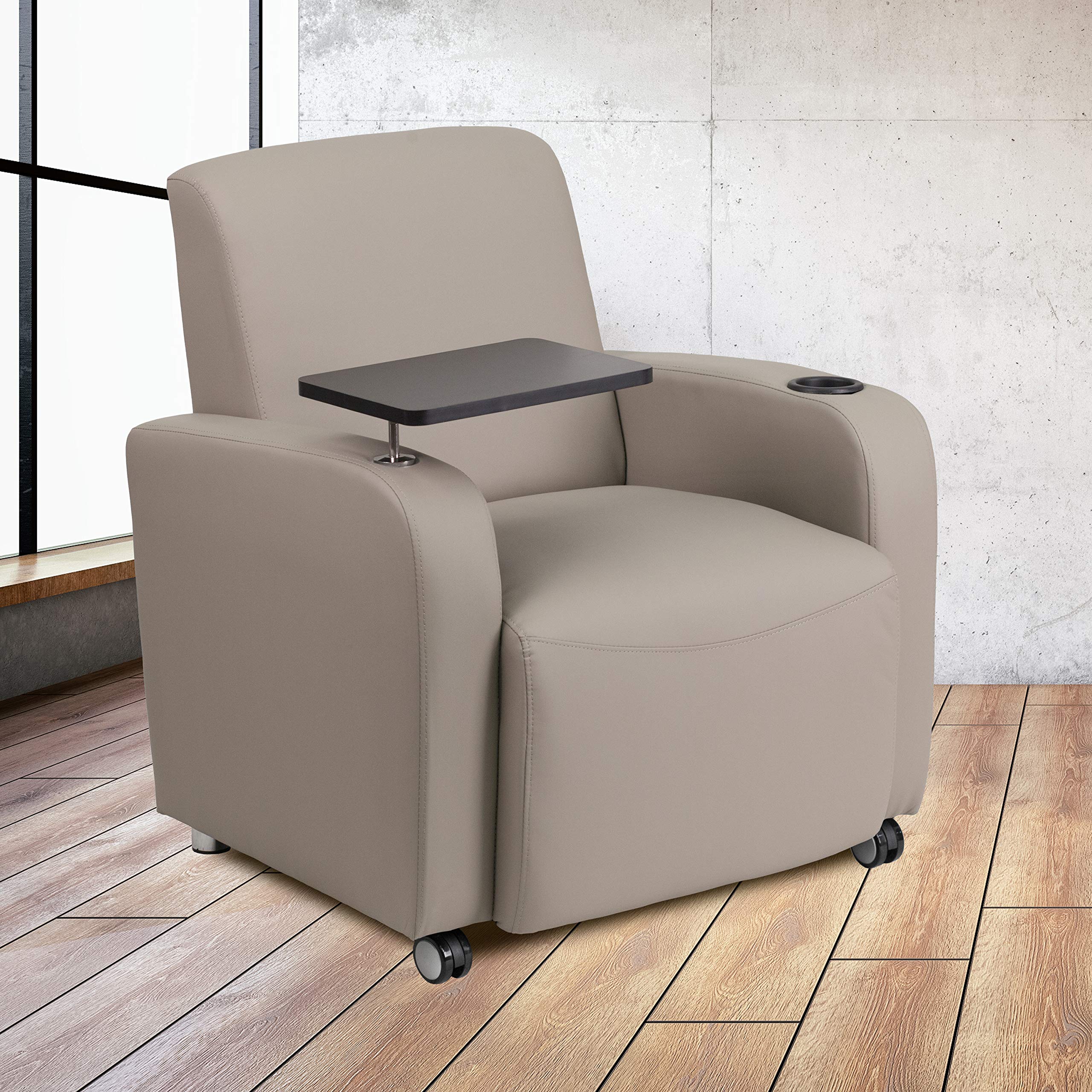 Flash Furniture George Gray Leathersoft Guest Chair With Tablet Arm, Front Wheel Casters And Cup Holder