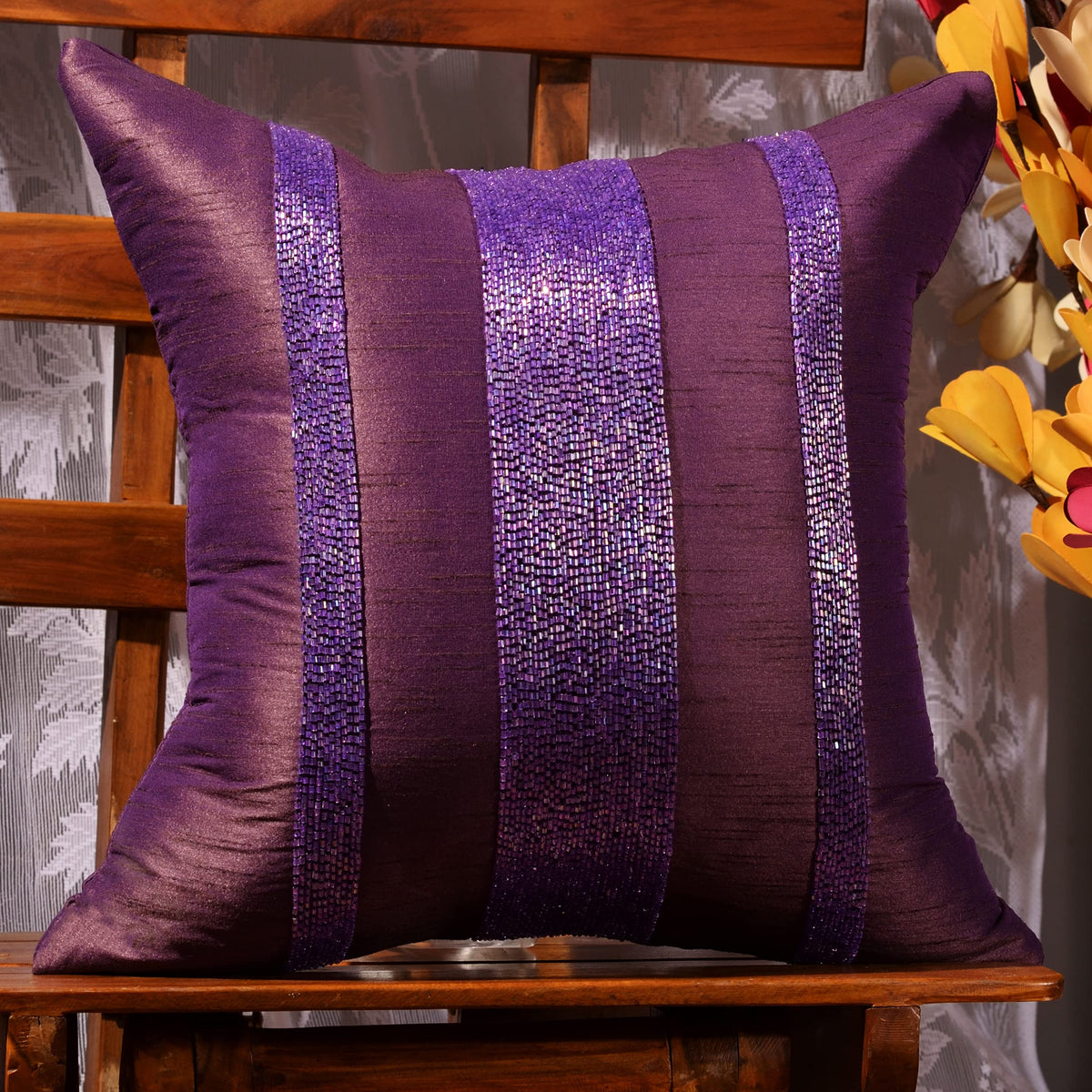 Scarlett Linens Purple Pillows Decorative 16X16 Inches | Beaded Cushion Covers Pack Of 1 | Festive Christmas Embroidered Cushion