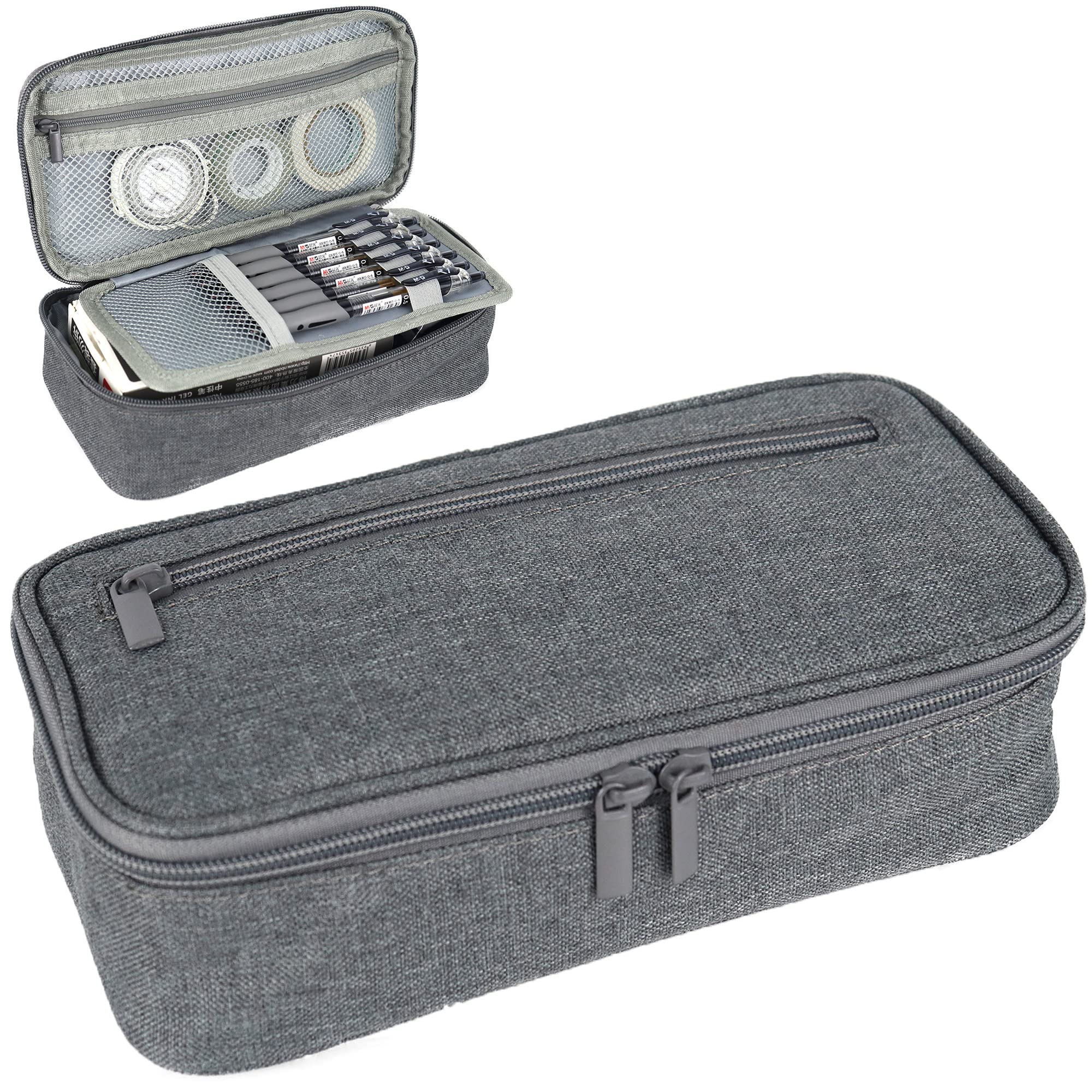 Mesa Gray Pencil Case For Boys With Mesh, Zippered Pockets And Holders For Drawing, Writing, Colored And Mechanical Pencils, Cut