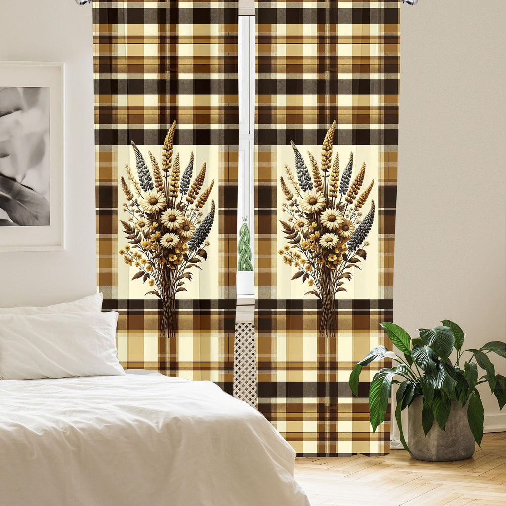Ambesonne Autumnal Window Curtains, Earthy Fall Tone Leafy Floral Bouquet Illustration With Tartan Plaid Back, Lightweight Decor