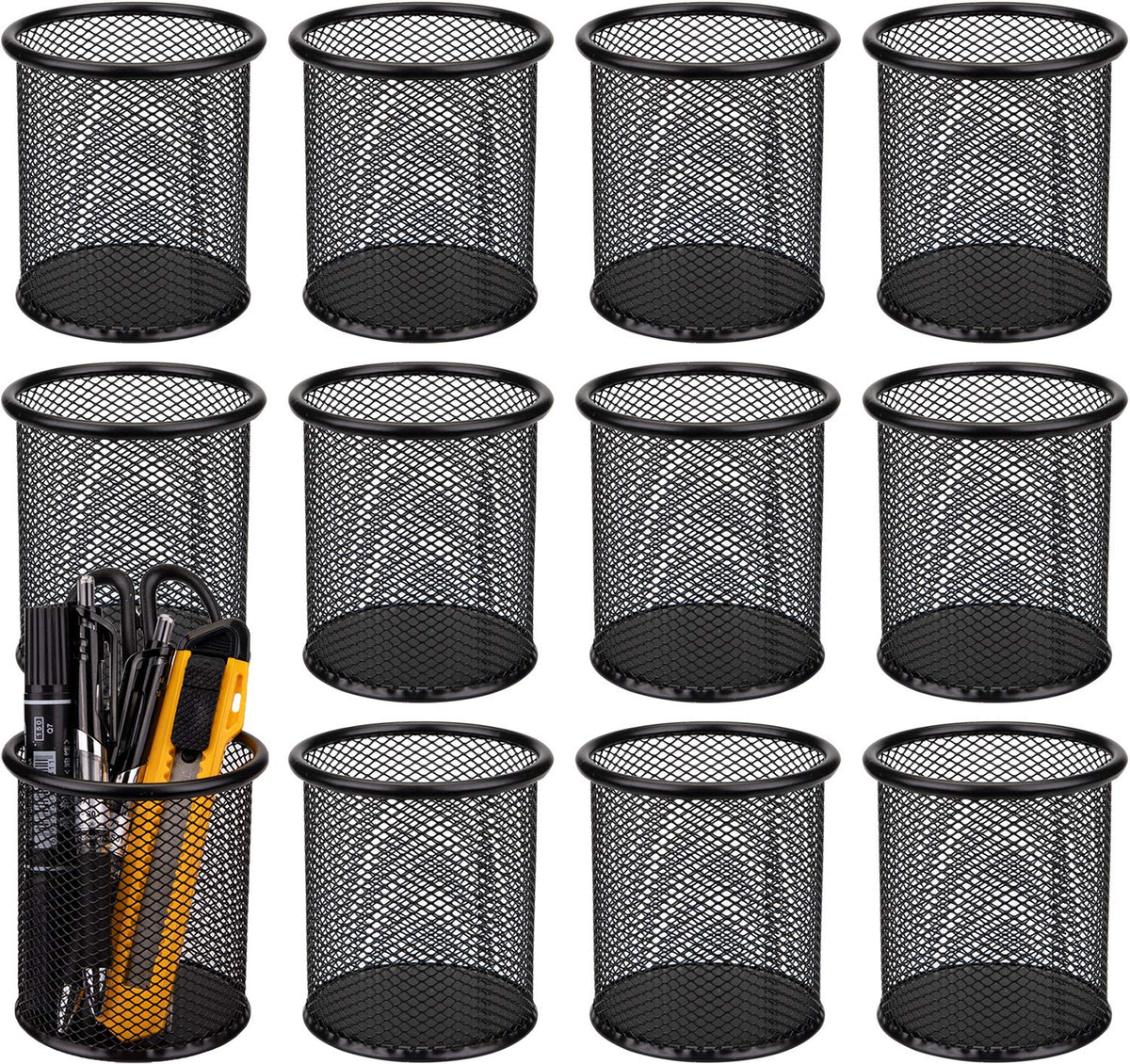 Nicunom 12 Pack Metal Pen Holder Mesh Pencil Holder Desk Organizer Mesh Round Pen Cup Pencil Cup For Desk Office Pen Organizer,