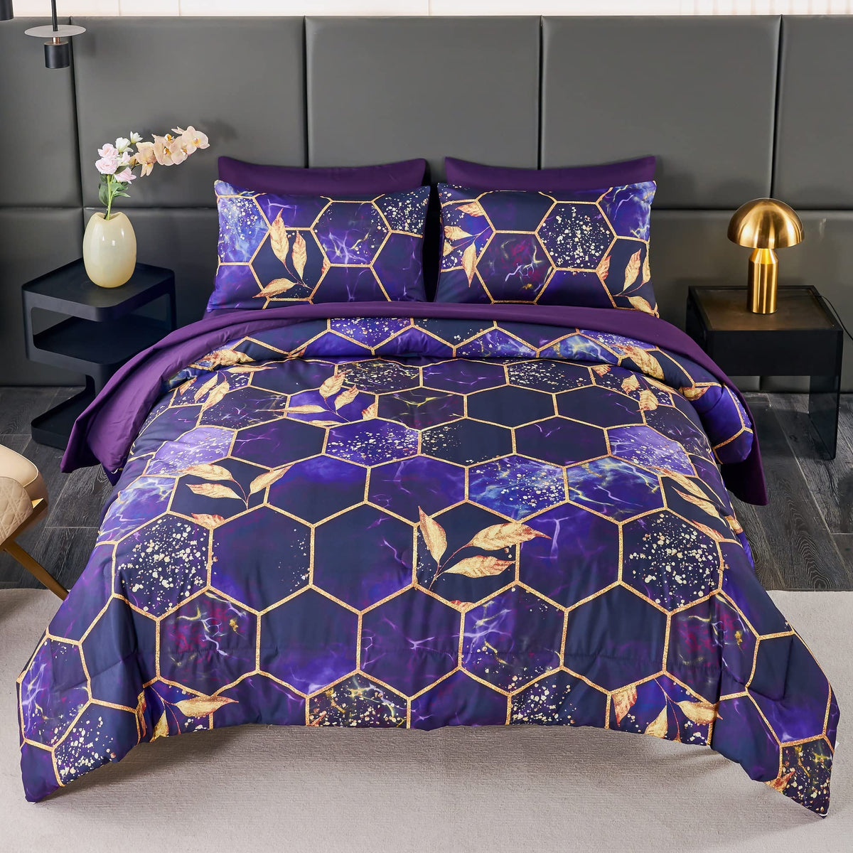 Angiyuin 7Pcs Mable Bed In A Bag Purple Gold Queen Comforter Set, 3D Geometric Honeycomb Theme Decor Yellow Leaf Bedding Set, Mo