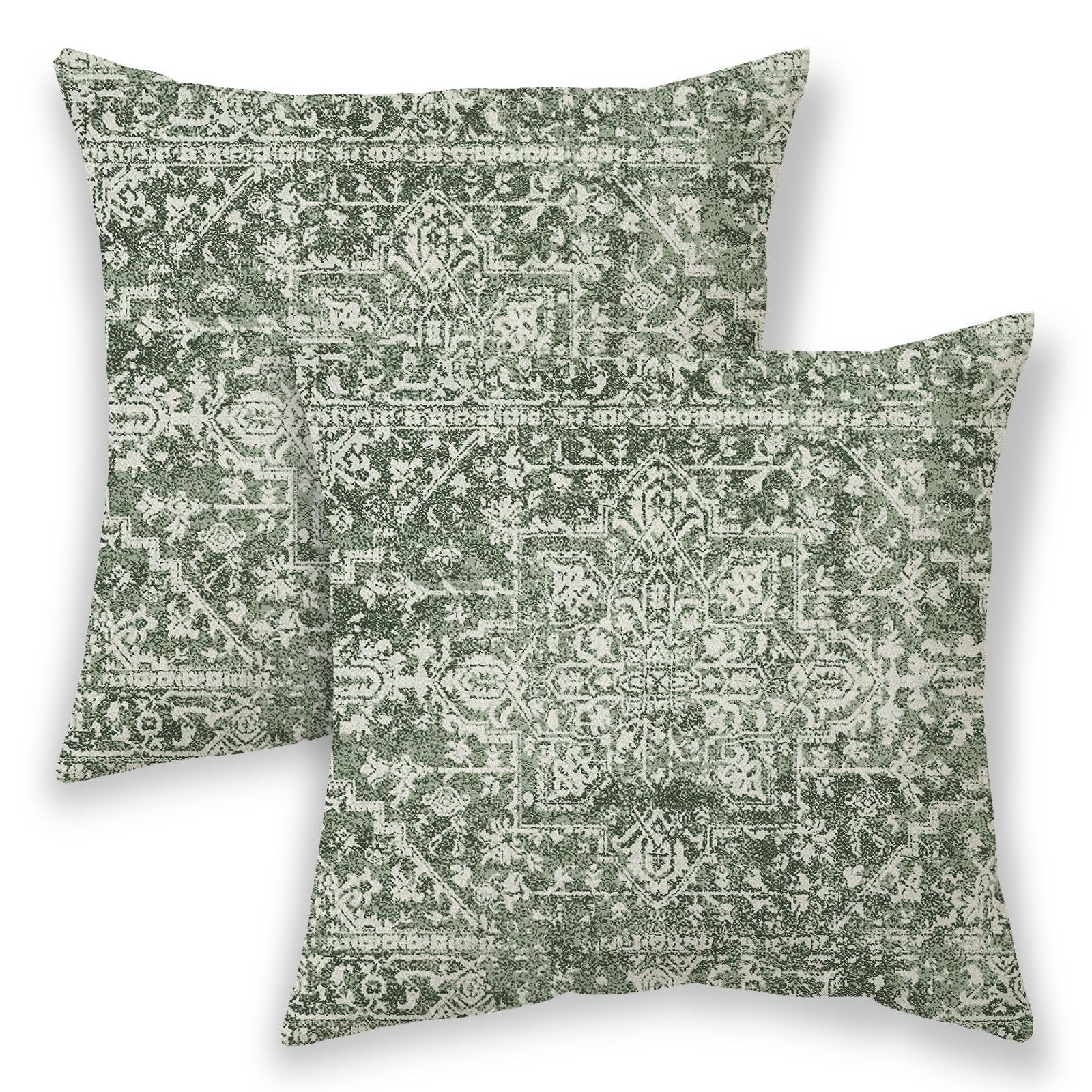 Betginy Boho Pillow Covers 18X18, Sage Green Cream Ethnic Design Outdoor Decorative Throw Pillows For Couch, Carpet Pattern Deco