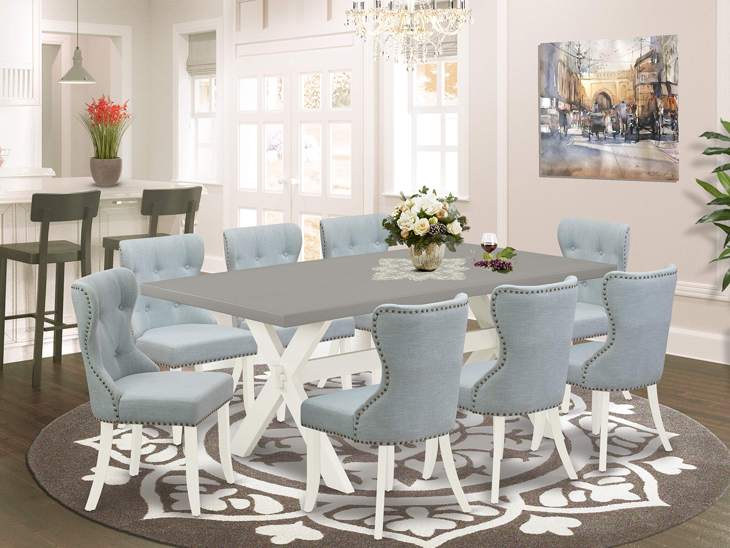 East West Furniture X097Si215-9 9 Piece Kitchen Table & Chairs Set Includes A Rectangle Dining Room Table With X-Legs And 8 Baby Blue Linen Fabric Parsons Chairs, 40X72 Inch, Multi-Color