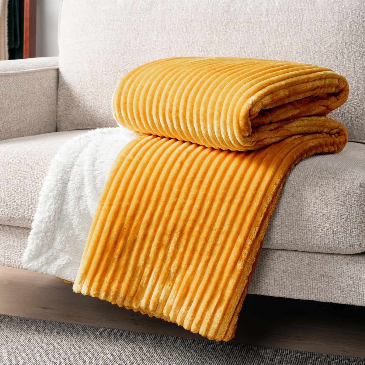 Pavilia Mustard Yellow Sherpa Fleece Throw Blanket For Couch Twin, Soft Plush Fuzzy Blankets, Fluffy Flannel Sherpa Blanket For