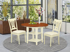 East West Furniture SUPL3-BMK-C 3 Piece Dining Table Set Contains a Round Dining Room Table with Dropleaf & Shelves and 2 Linen Fabric Upholstered Chairs, 42x42 Inch, Buttermilk & Cherry