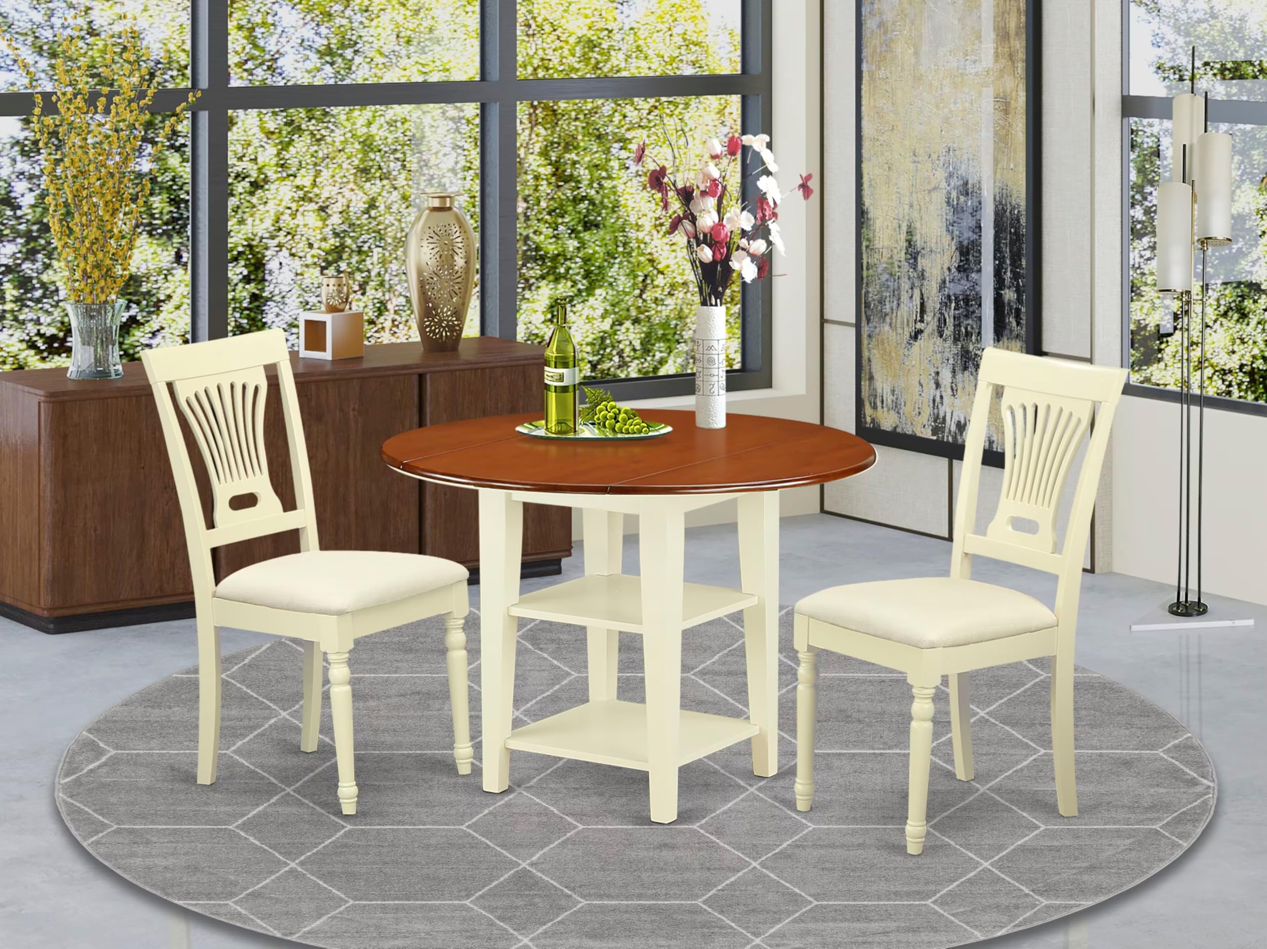 East West Furniture SUPL3-BMK-C 3 Piece Dining Table Set Contains a Round Dining Room Table with Dropleaf & Shelves and 2 Linen Fabric Upholstered Chairs, 42x42 Inch, Buttermilk & Cherry