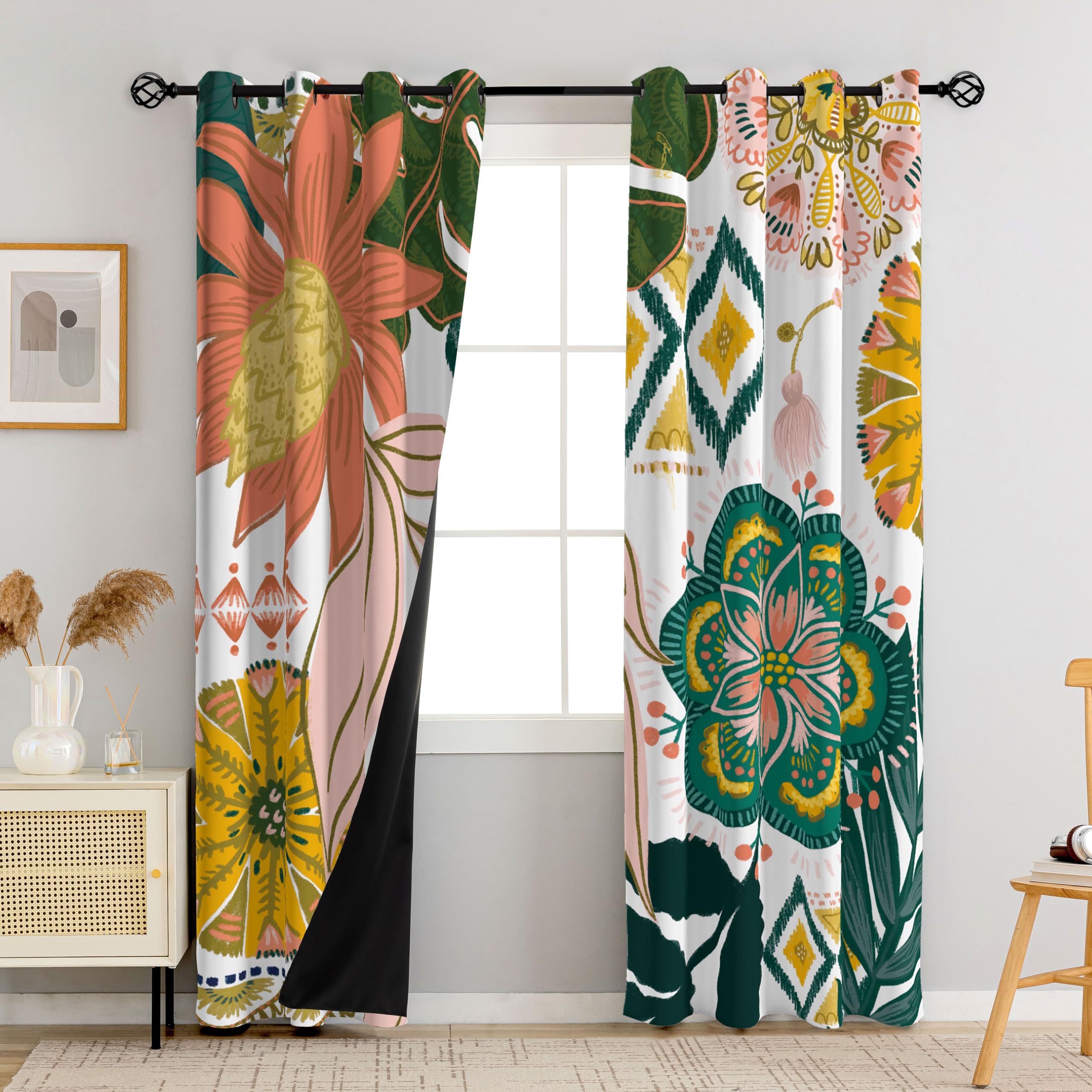 Tyrot Boho Floral 100% Blackout Curtains For Living Room 63 Inch Long 2 Panels Mid Century Botanical Black Out Curtains For Bedr