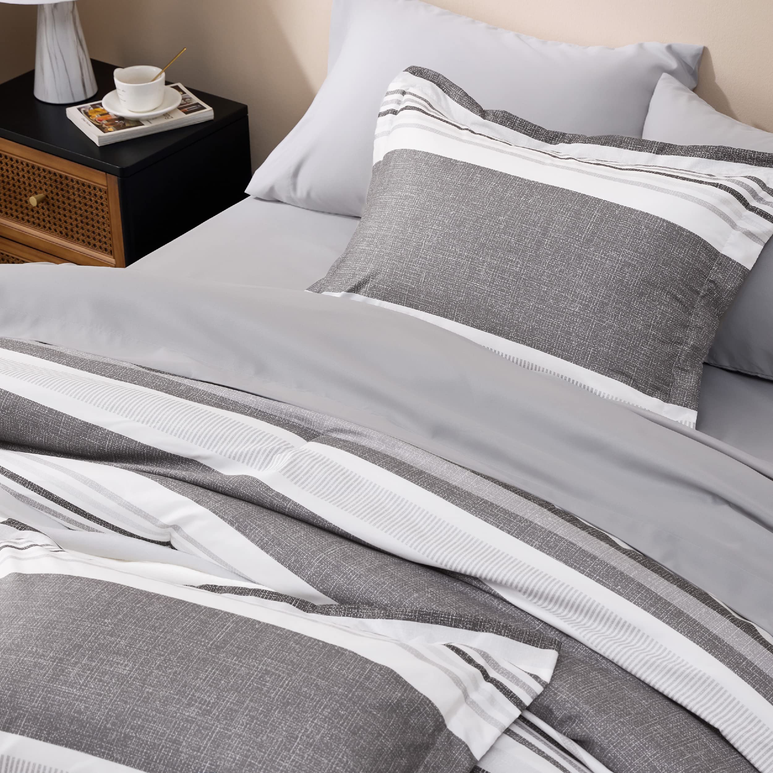 Bedsure King Comforter Set 7 Pieces, Frost Grey Striped Bedding Set For King Size Bed Reversible, Cationic Dyeing Bed In A Bag With Comforter, Sheets, Pillowcases & Shams