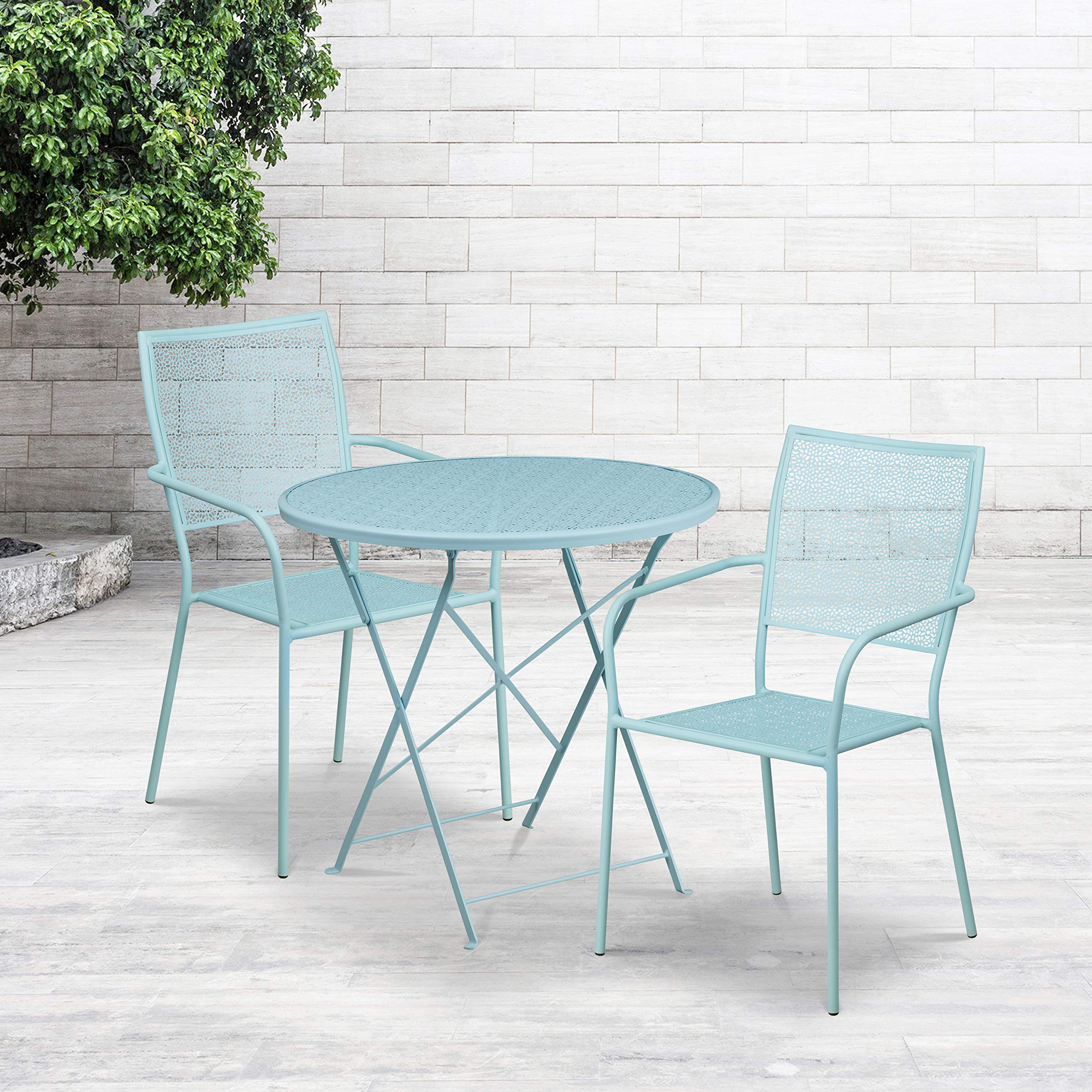 Flash Furniture Commercial Grade 30" Round Sky Blue Indoor-Outdoor Steel Folding Patio Table Set with 2 Square Back Chairs