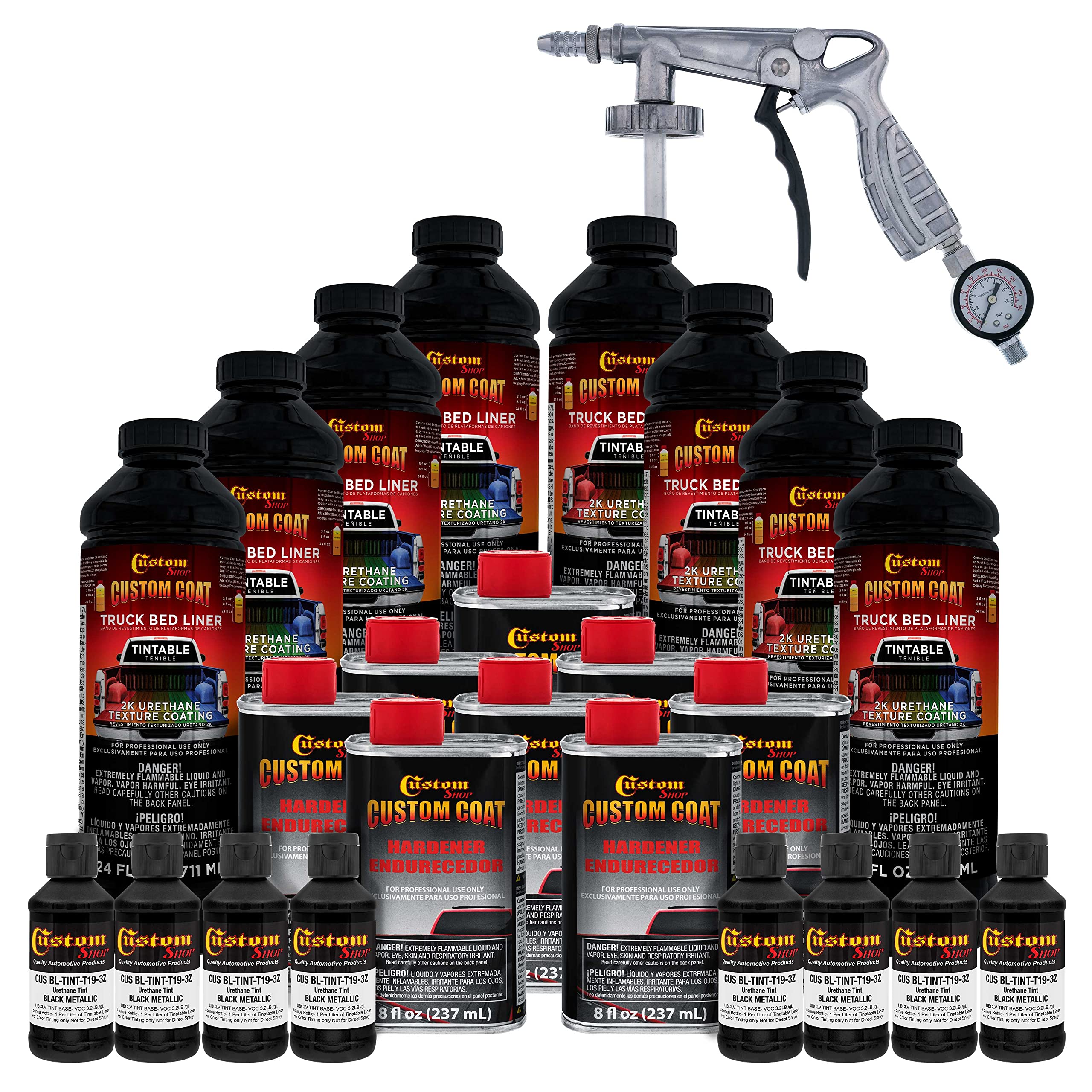 Custom Coat Black Metallic 2 Gallon (8 Quart) Urethane Spray-On Truck Bed Liner Kit With Spray Gun And Regulator - Easy Mixing,