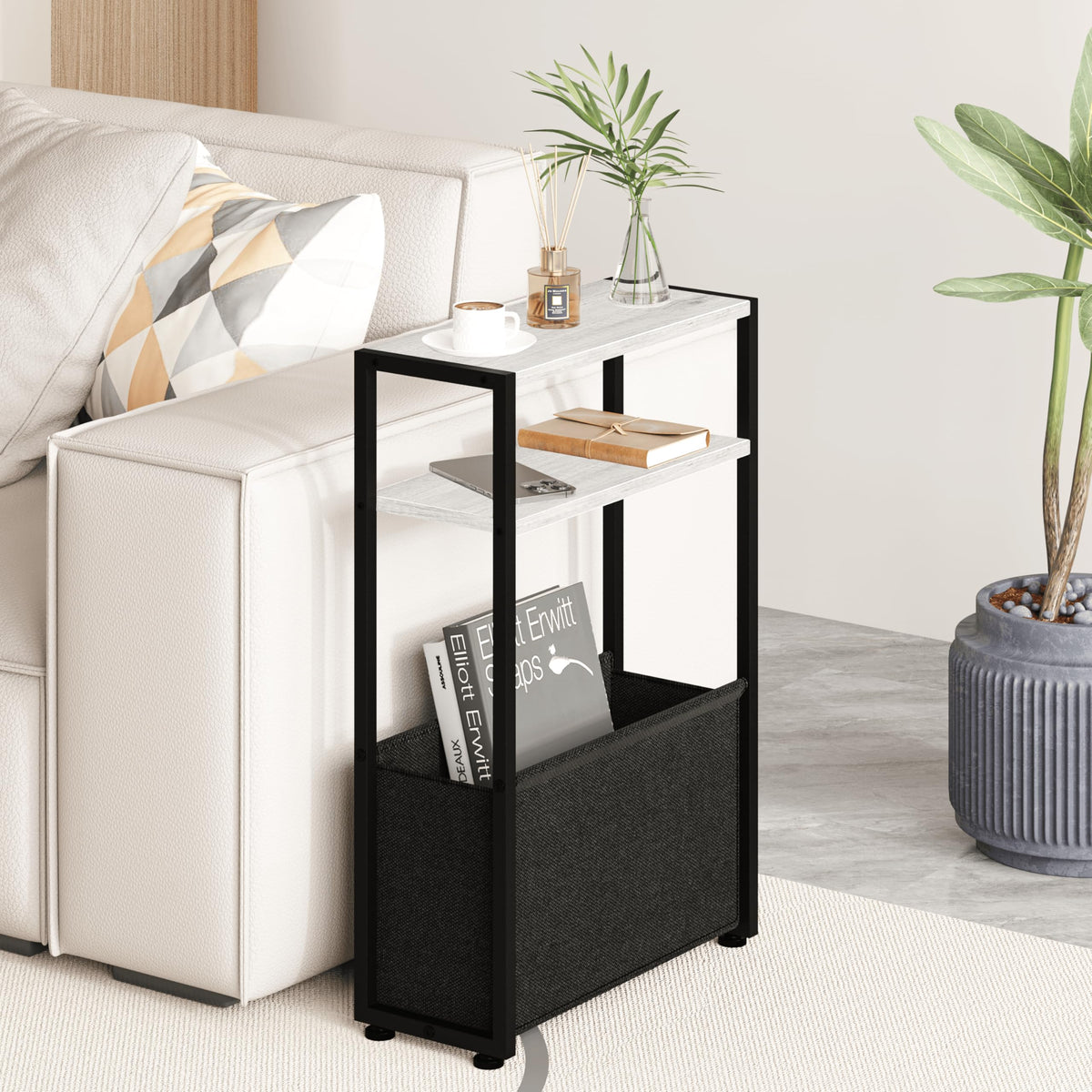 Leomonio Slim Side Tale, Thin Side Table With Storage Basket, Narrow Side Table For Small Spaces, Thin Bedside Table For Living