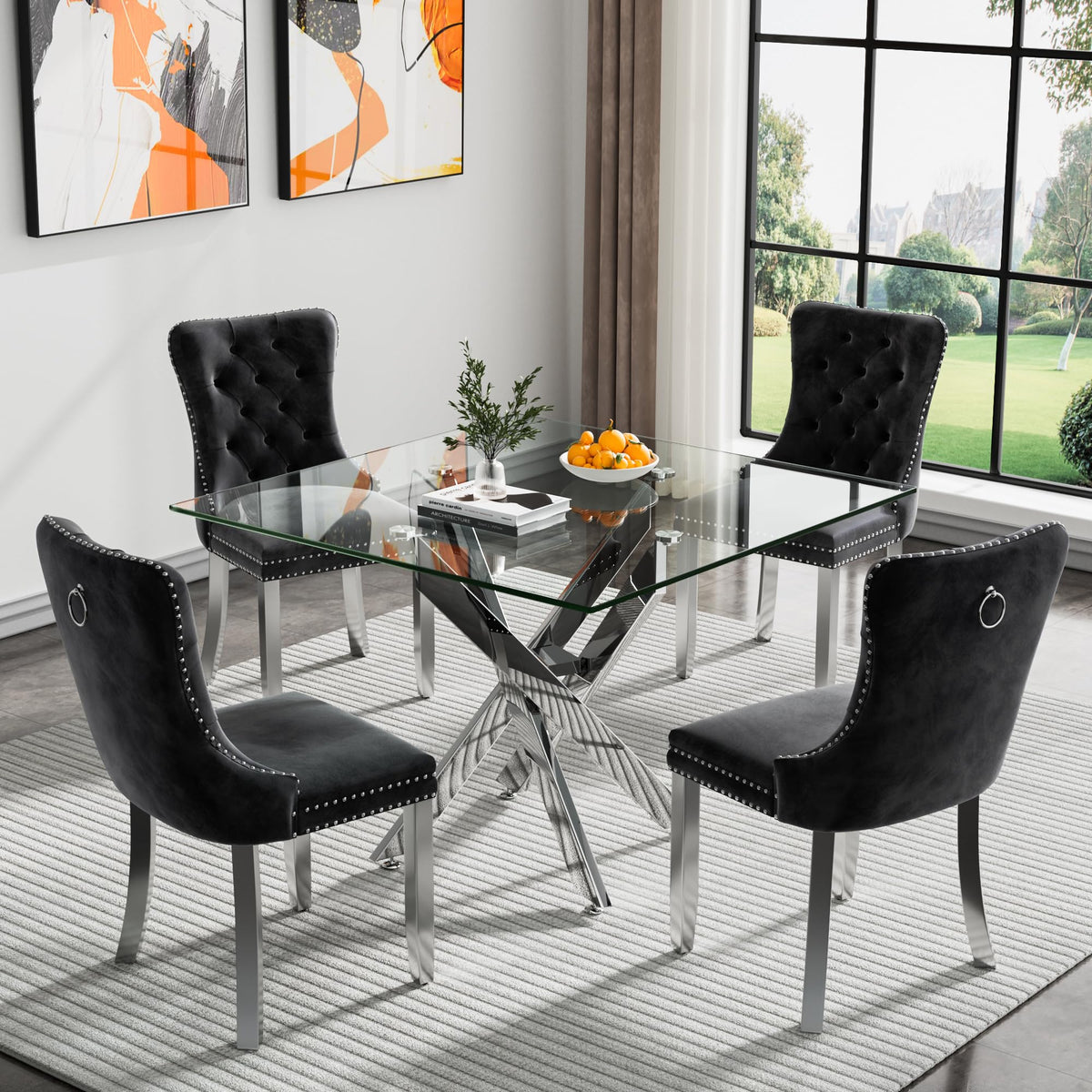 Kuvadaz 36' Modern Silver Glass Dining Room Table Set For 4, 5-Piece Square Kitchen Dining Table Set With Cross Metal Legs And