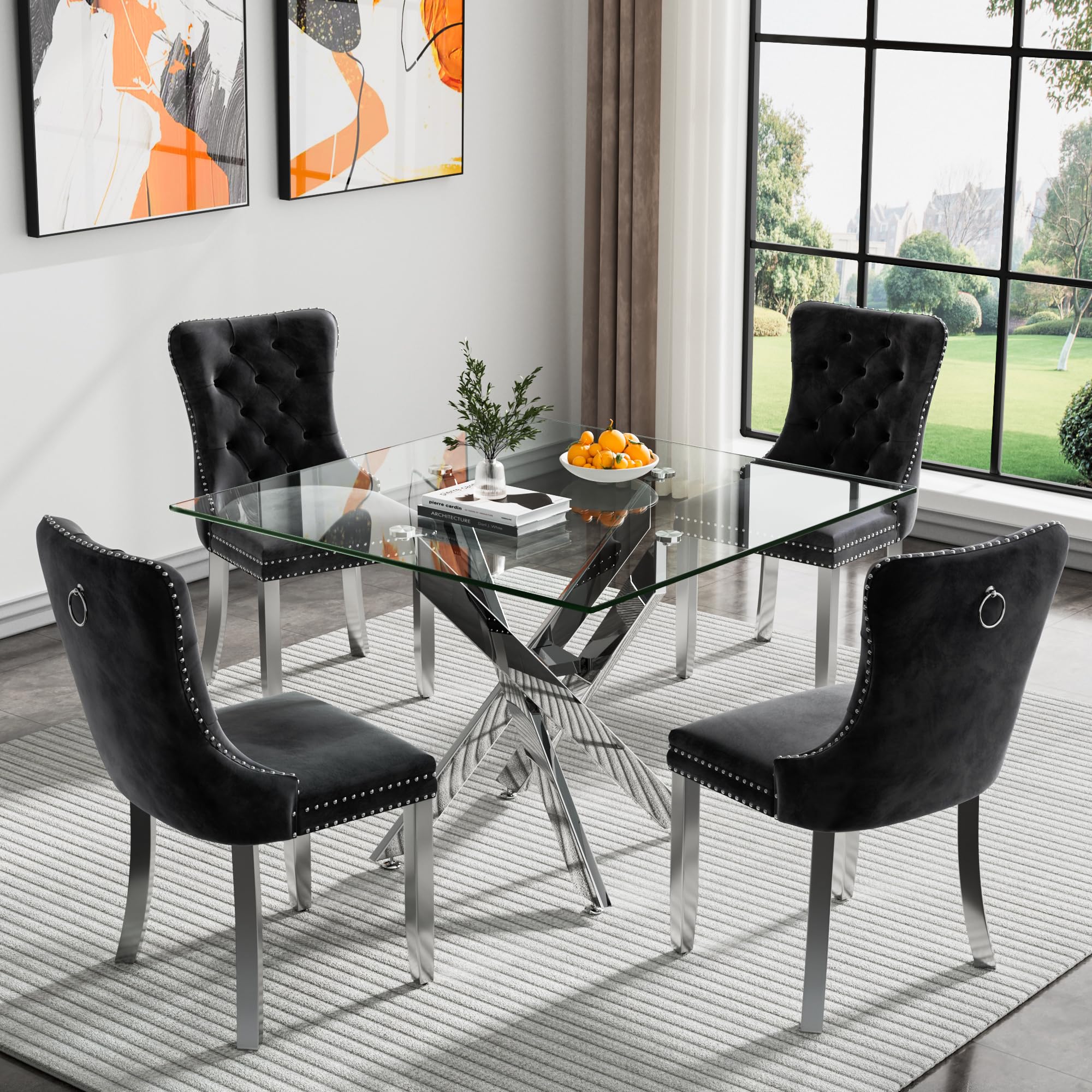 Kuvadaz 36' Modern Silver Glass Dining Room Table Set For 4, 5-Piece Square Kitchen Dining Table Set With Cross Metal Legs And