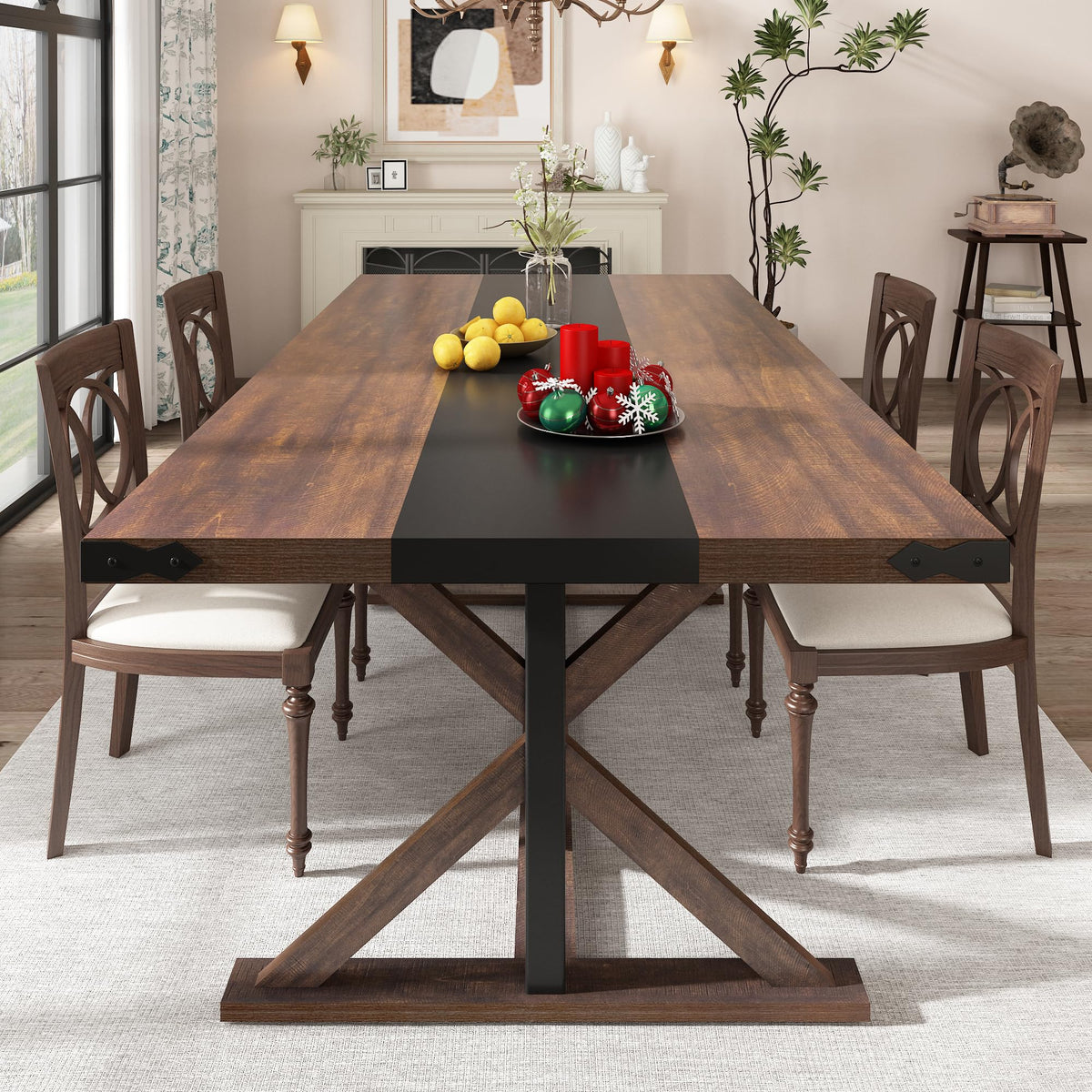 Hlivelood 71' Farmhouse Dining Table For 5 6 8 People, Rectangular Kitchen Table W/Thickness Waterproof Wood Grain Tabletop (Br