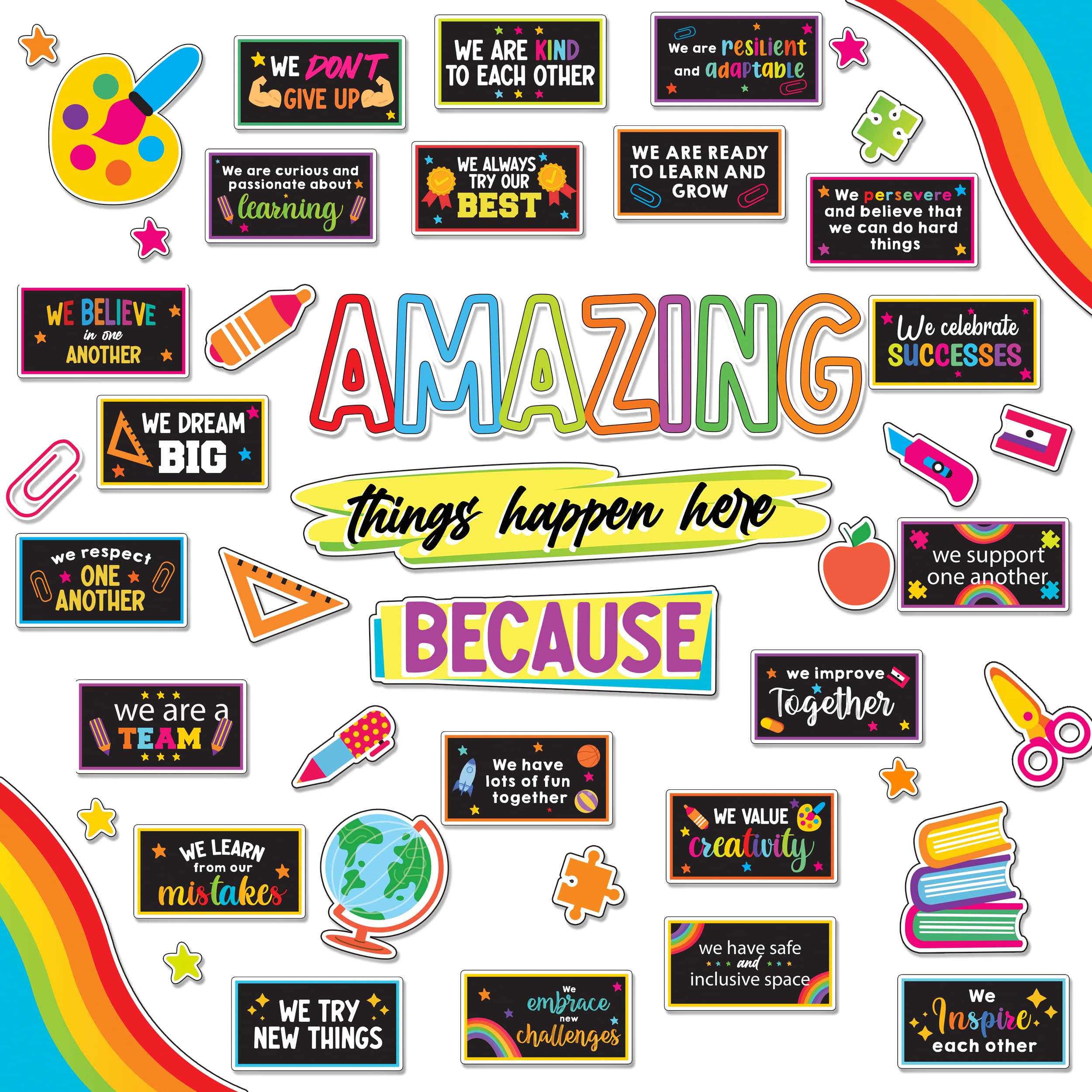 Decorably 49 Pcs Amazing Things Happen Here Bulletin Board Decorations For Elementary With Borders - Chalkboard School Bulletin