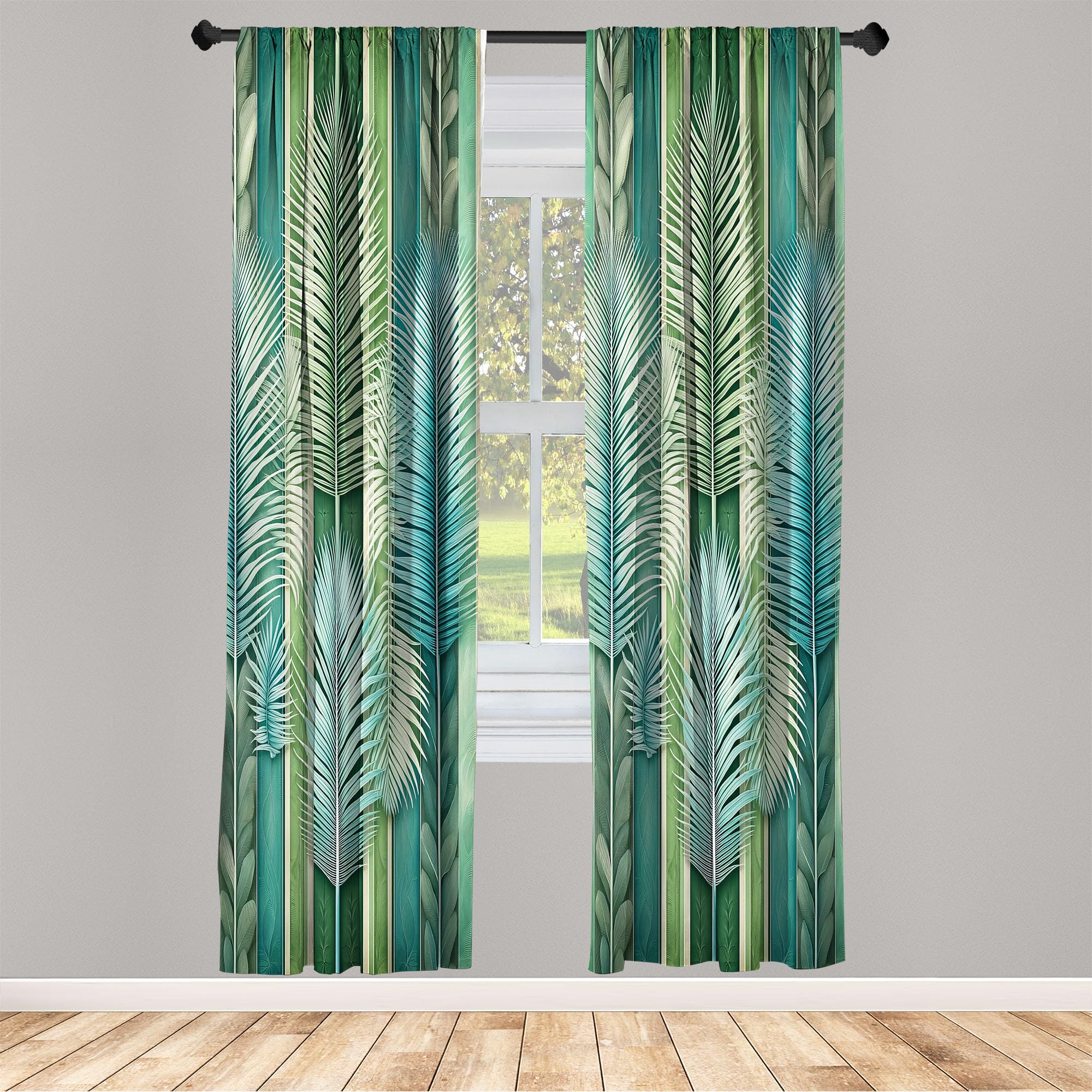 Ambesonne Jungle Curtains, Tropical Palm Leaves Like Feathers On Abstract Botanical Stripes, Window Treatments 2 Panel Set For L