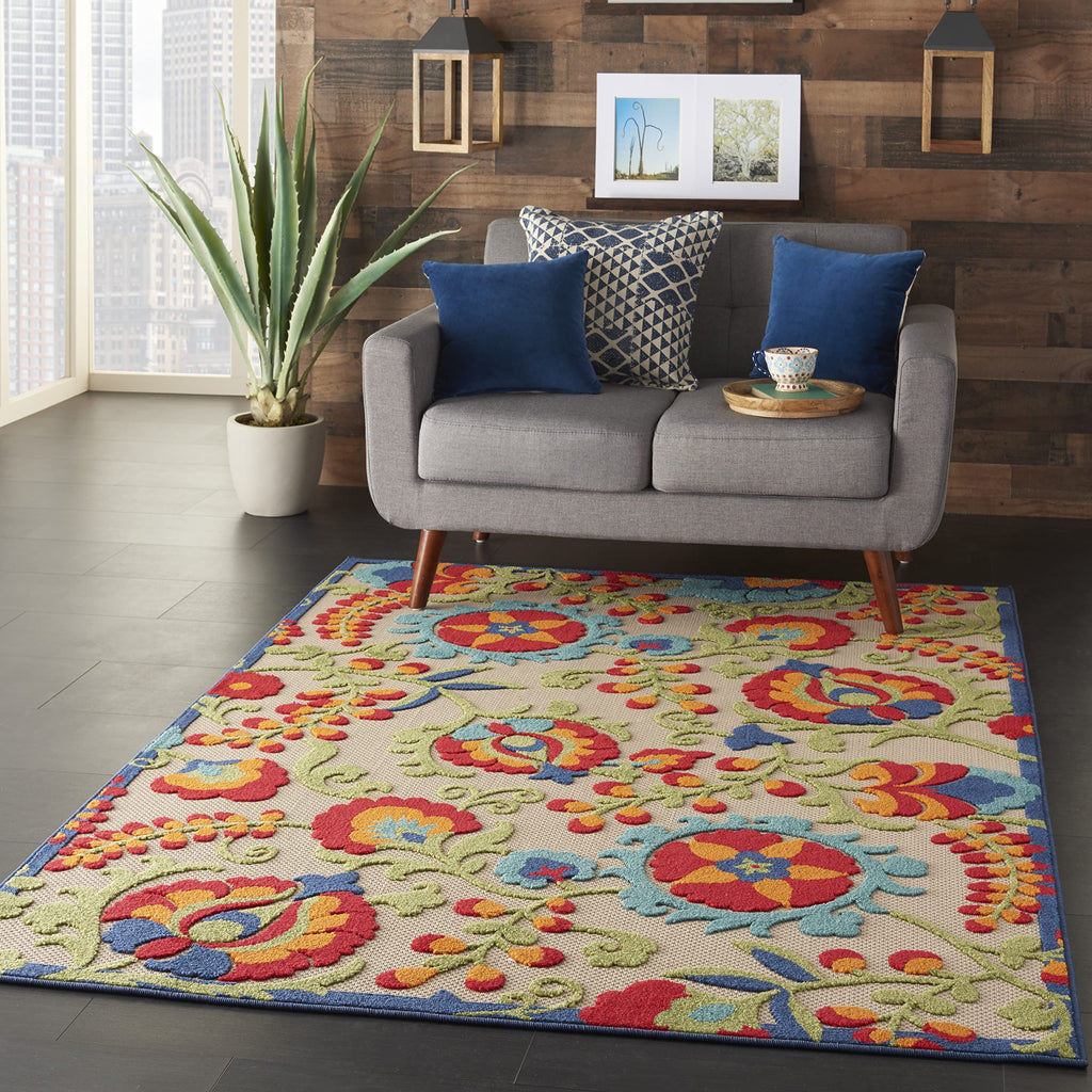 Nourison Aloha Indoor/Outdoor Multicolor 3'6' X 5'6' Area-Rug, Tropical, Botanical, Easy-Cleaning, Non Shedding, Bed Room, Living Room, Dining Room, Deck, Backyard, Patio (3X5)