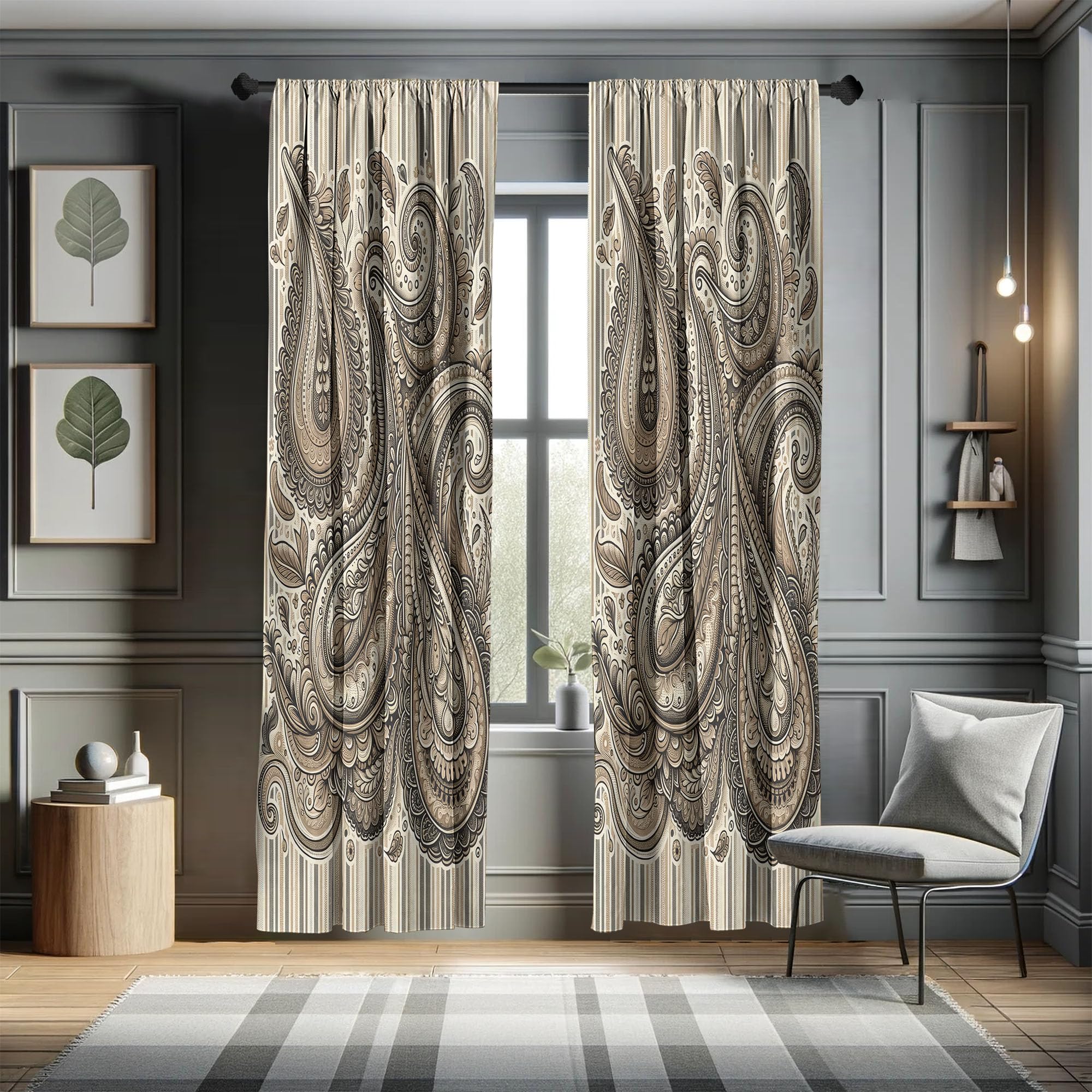 Ambesonne Paisley Window Curtains Pack Of 2, Delicate Bohemian Leafy Motives On Stripes In Neutral Muted Colors, Lightweight Set