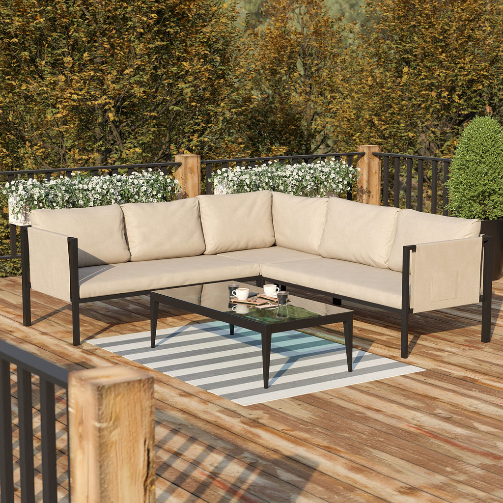 Flash Furniture Lea Indoor/Outdoor Sectional With Cushions - Modern Steel Framed Chair With Dual Storage Pockets, Black With Beige Cushions