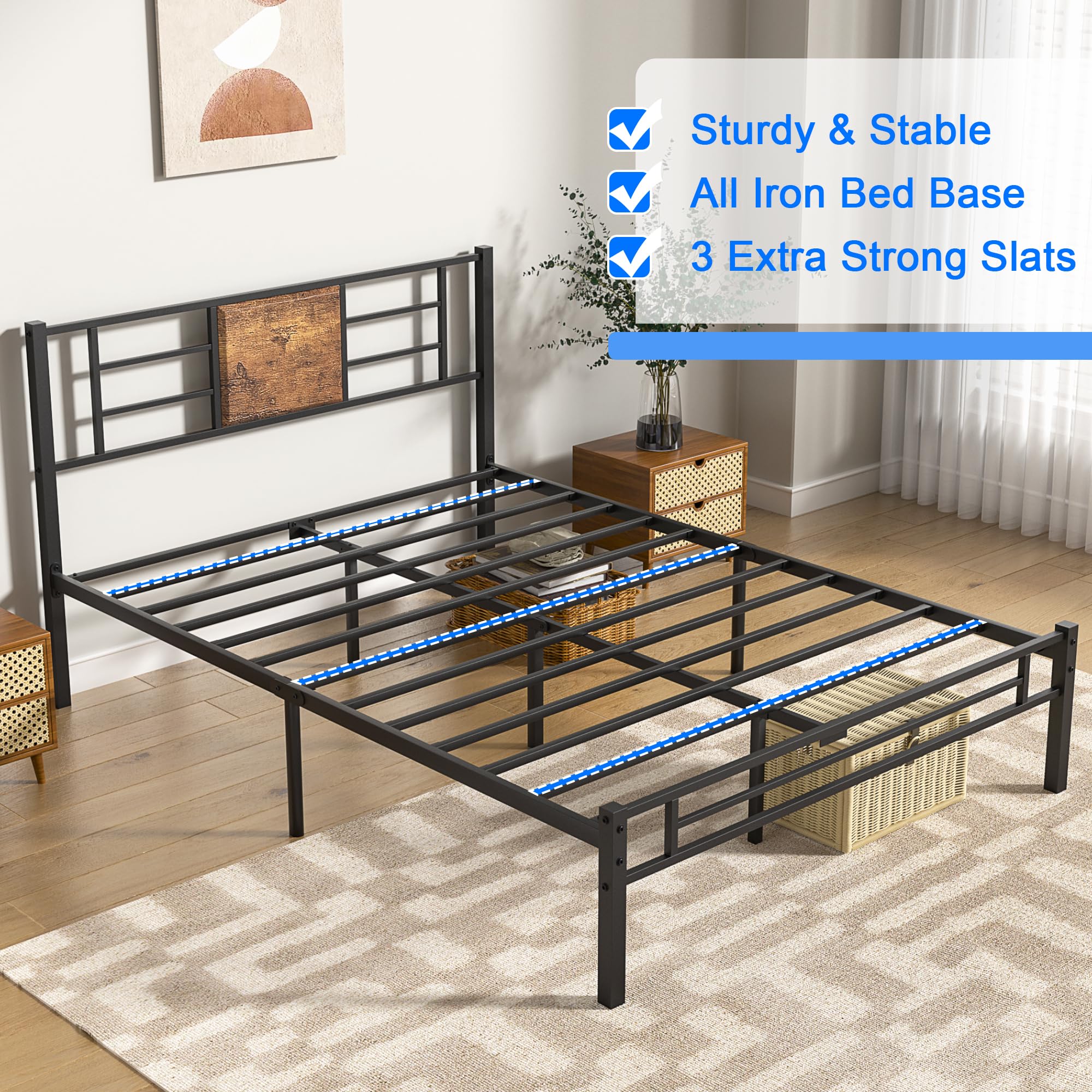Vecelo Queen Size Bed Frame With Headboard, Heavy-Duty Platform With Steel Slats Support, No Box Spring Needed/Easy Assembly, Matte Black & Brown