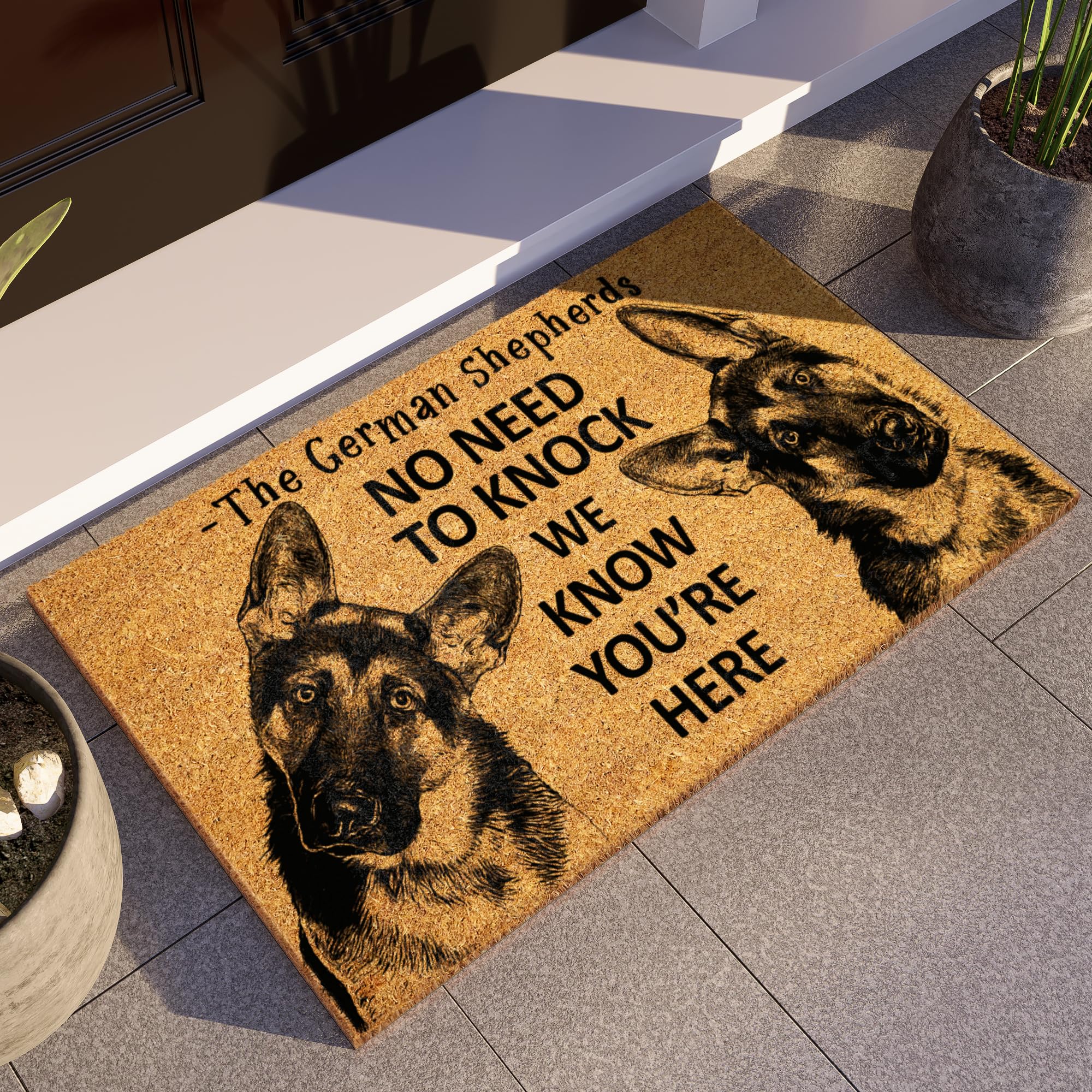 The German Shepherds Door Mat, Two German Shepherd We Know You Are Here Door Mats, Funny German Shepherd Doormat Side View, Welc