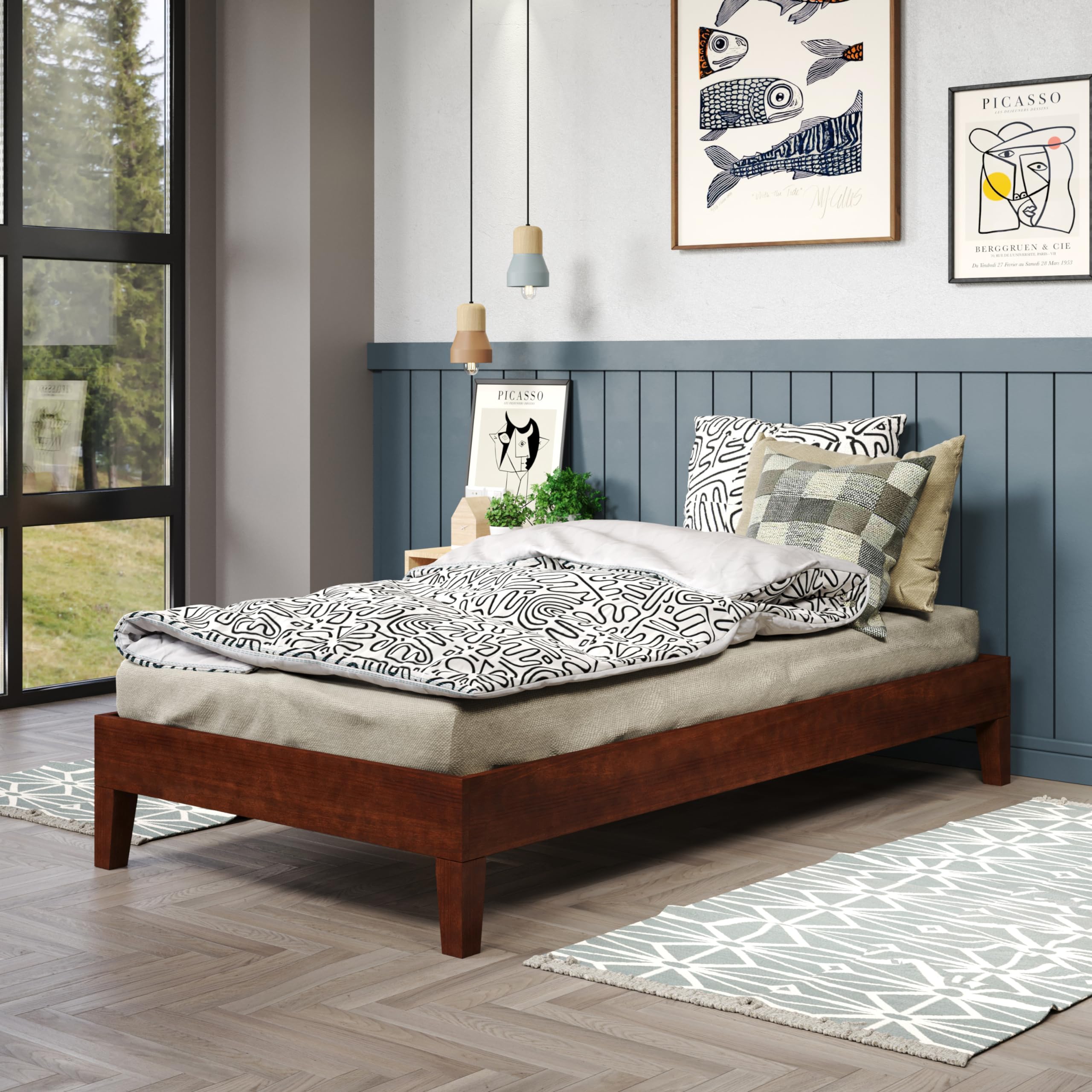 Steve Silve Co Nix Twin Platform Bed, Transitional, Contemporary, Traditional, 14-Slat Support System, 6.5-Inch Under Bed Clearance, Hand-Stained Natural Finish, 77.01&quot; L x 40.47&quot; W x 12.24&quot; H, Brown