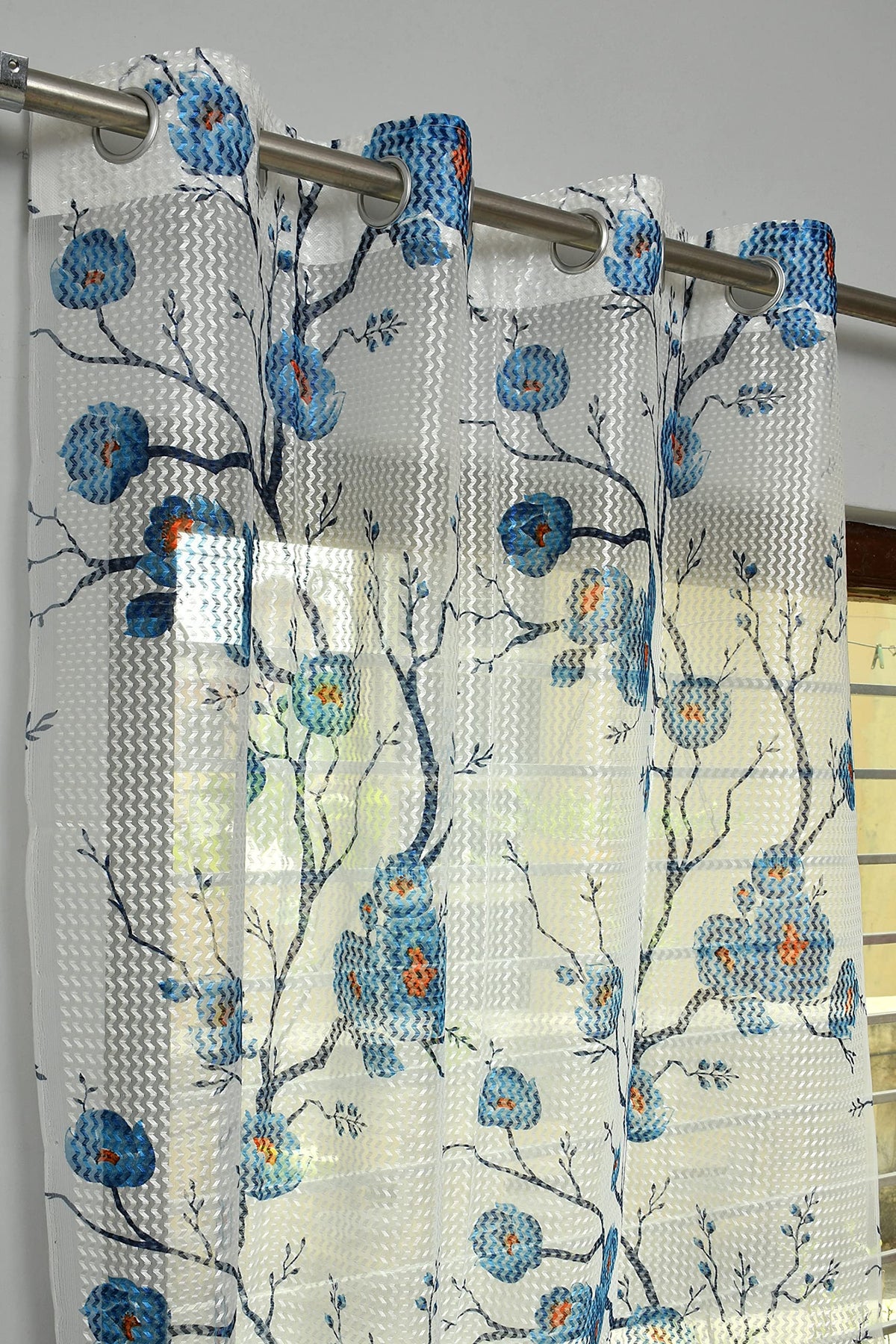 Kiara Creations Gulab Printed Sheer Tissue Grommet Curtains for Window 5 Feet (Pack of 1) Blue