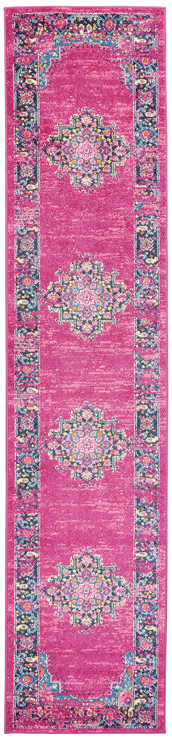 HomeRoots 100% Polypropylene 2â?? x 10â?? Fuchsia and Blue Distressed Runner Rug