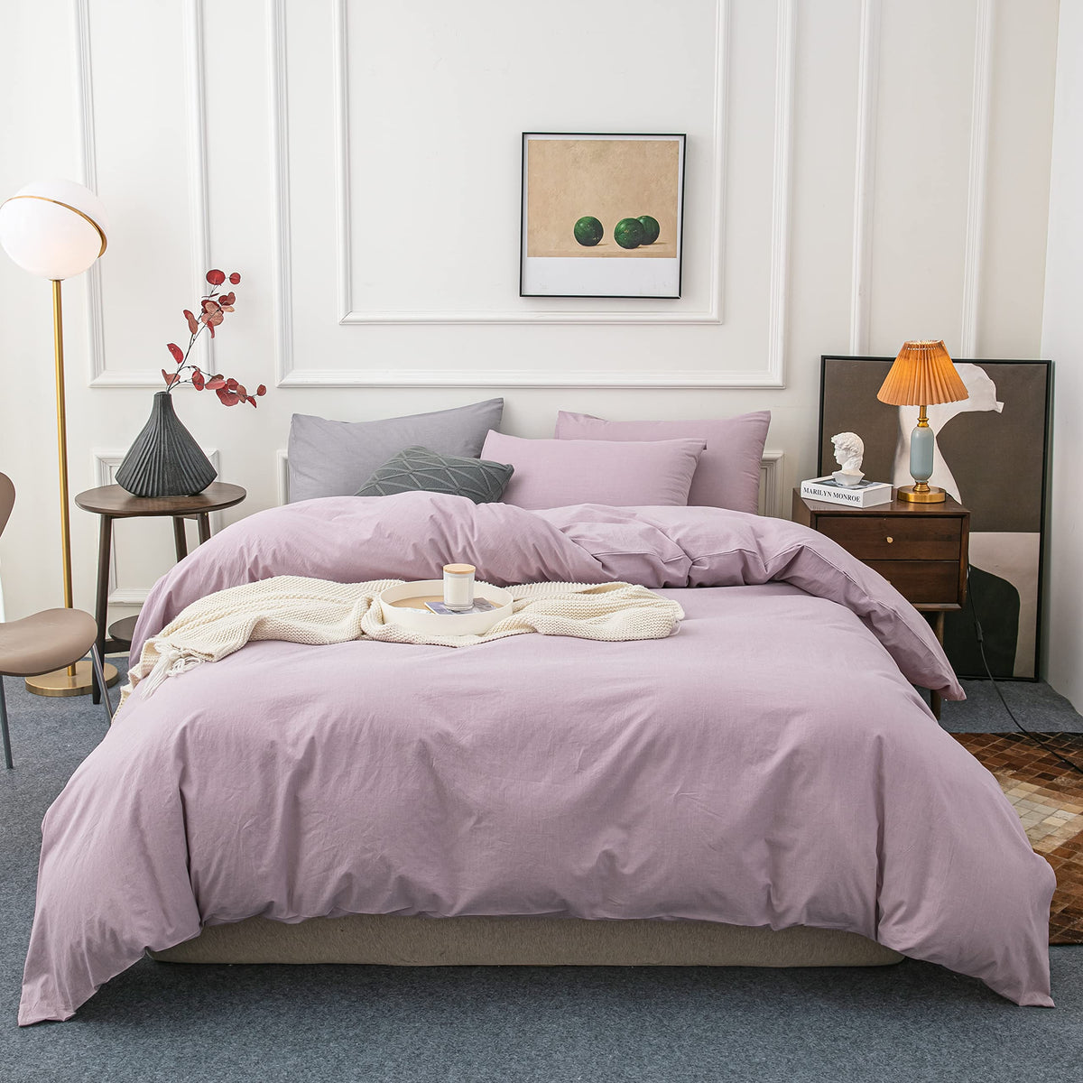 Janlive Washed Cotton Duvet Cover King Ultra Soft 100% Cotton Solid Color Lilac Duvet Cover Set With Zipper Closure -3 Pieces Ta