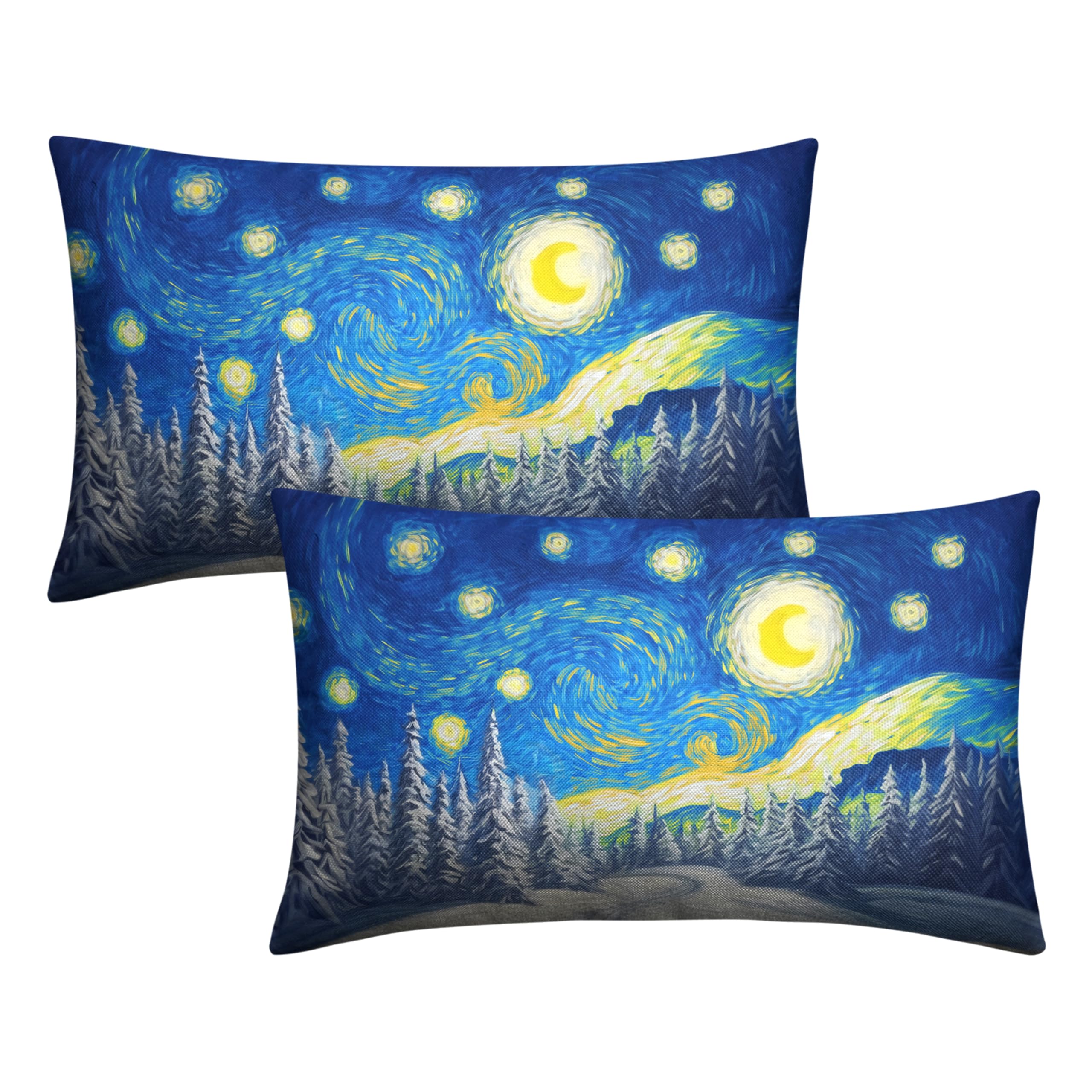 Kwlegh Winter Pine Forest Pillow Covers Van Gogh Starry Night Lumbar Throw Pillow Covers Christmas Tree Pillowcase 12x20 Set of 