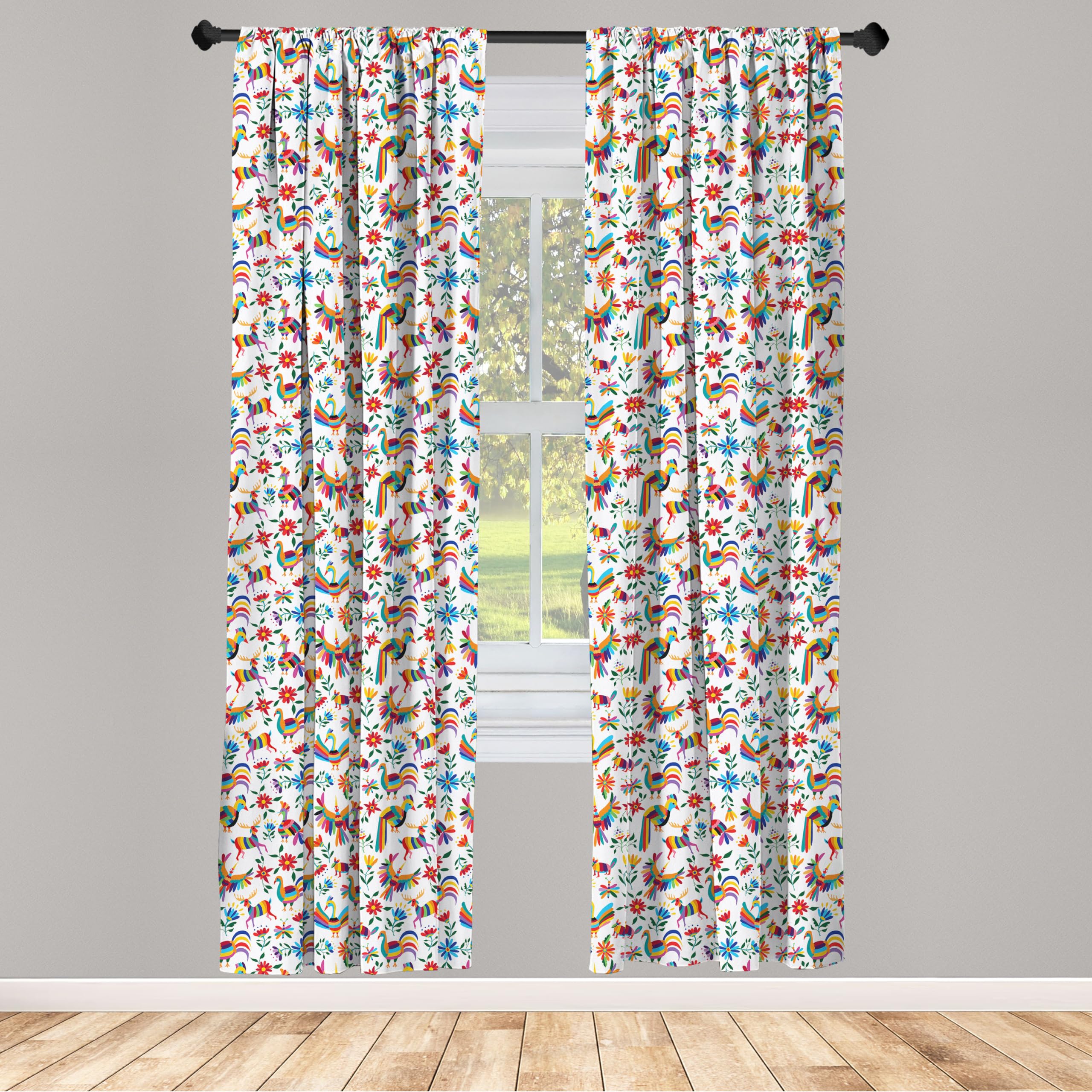 Ambesonne Mexican Window Curtains Pack Of 2, Traditional Latin American Art Design Natural Inspirations Flowers And Birds, Light