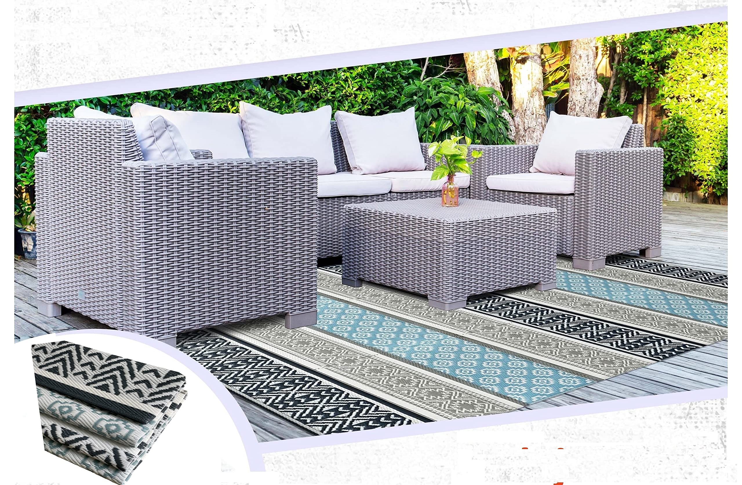 Balajeesusa Outdoor Rug - 9X18 Grey, Teal, Reversible Recycled Plastic Straw Outdoor Patio Rugs Clearance Waterproof Large Rv Ca
