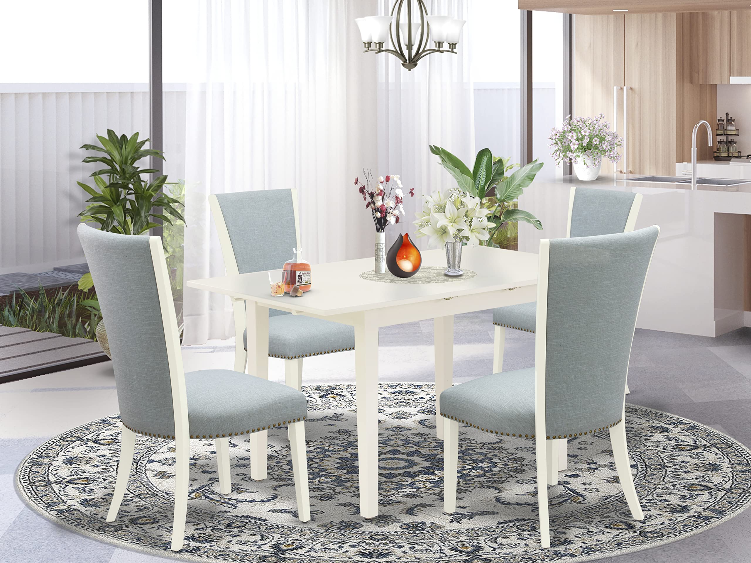 East West Furniture Nfve5-Whi-15 5 Piece Dining Table Set Includes A Rectangle Dining Room Table With Butterfly Leaf And 4 Baby Blue Linen Fabric Parsons Chairs, 32X54 Inch, Linen White