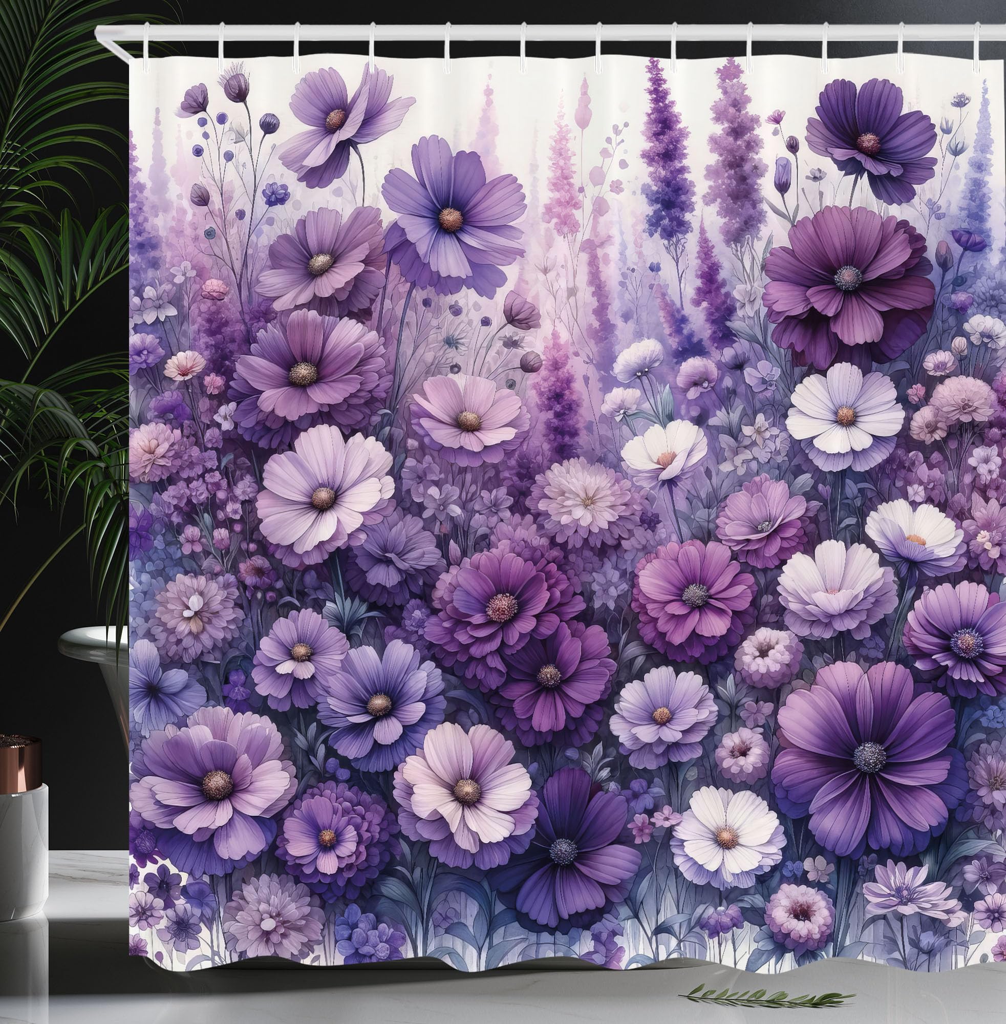 Ambesonne Purple Shower Curtain, Picturesque Cottagecore Style Flowers Meadow Monochromatic Pastel Tones, Cloth Fabric Bathroom 