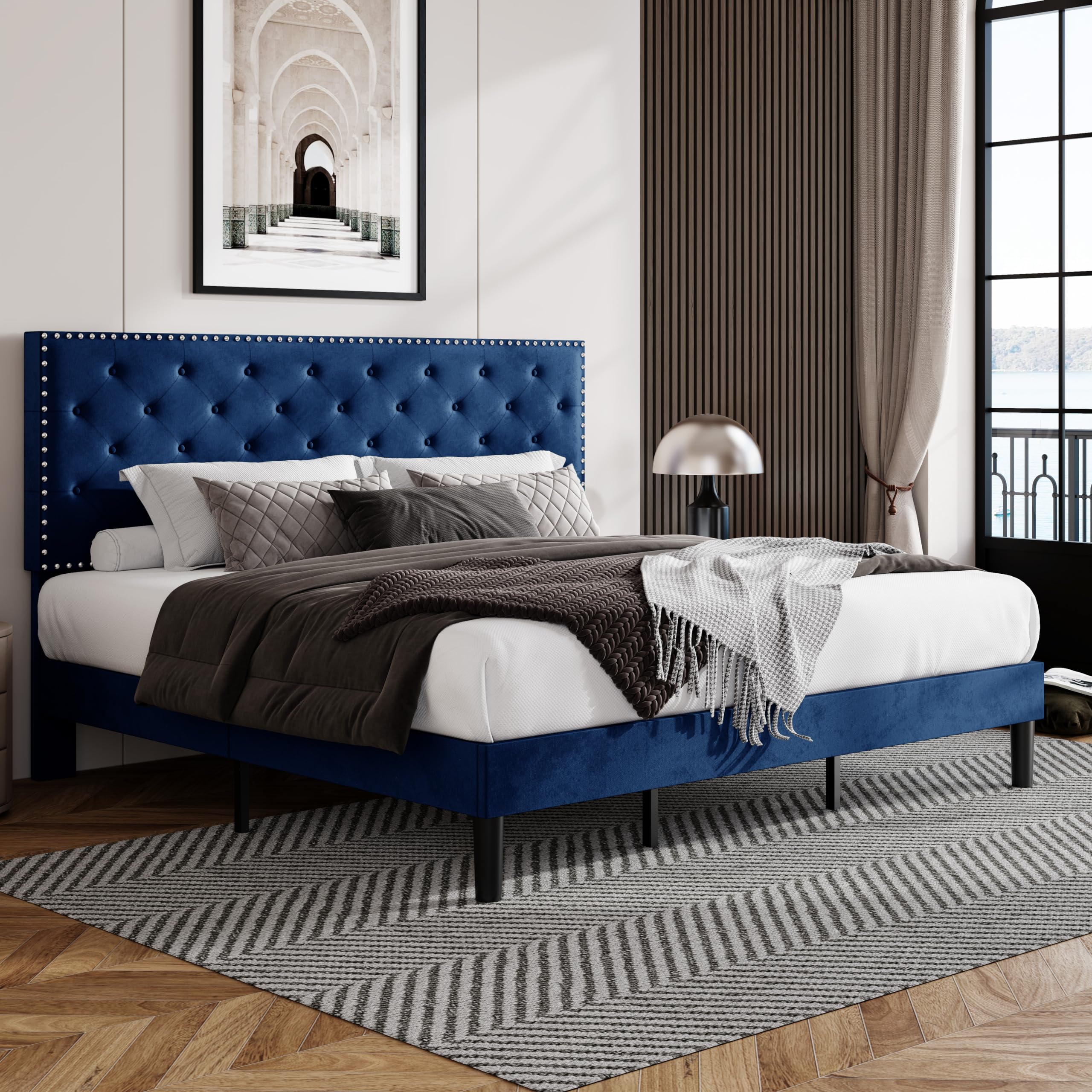 Allewie King Size Velvet Upholstered Platform Bed Frame With Adjustable Diamond Button Tufted And Nailhead Trim Headboard, Wood Slat Support, Easy Assembly, No Box Spring Needed, Navy Blue