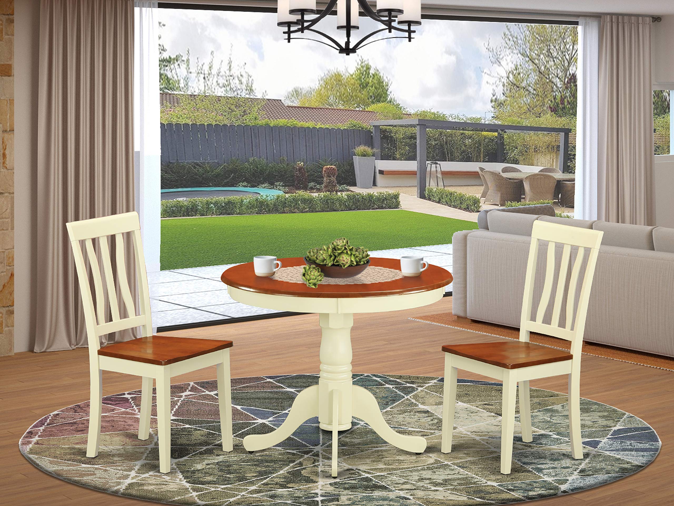 East West Furniture ANTI3-WHI-W 3 Piece Dining Table Set for Small Spaces Contains a Round Kitchen Table with Pedestal and 2 Dining Chairs, 36x36 Inch, Buttermilk & Cherry