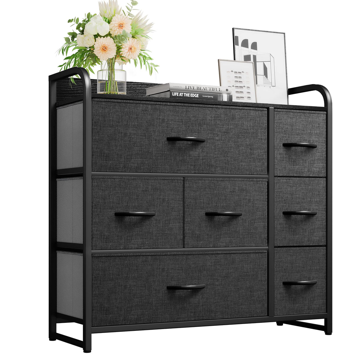 Yitahome Fabric Dresser With 7 Drawers - Storage Tower With Large Capacity, Organizer Unit For Living Room - Sturdy Steel Frame, Easy Pull Fabric Bins & Wooden Top (Black/Grey)