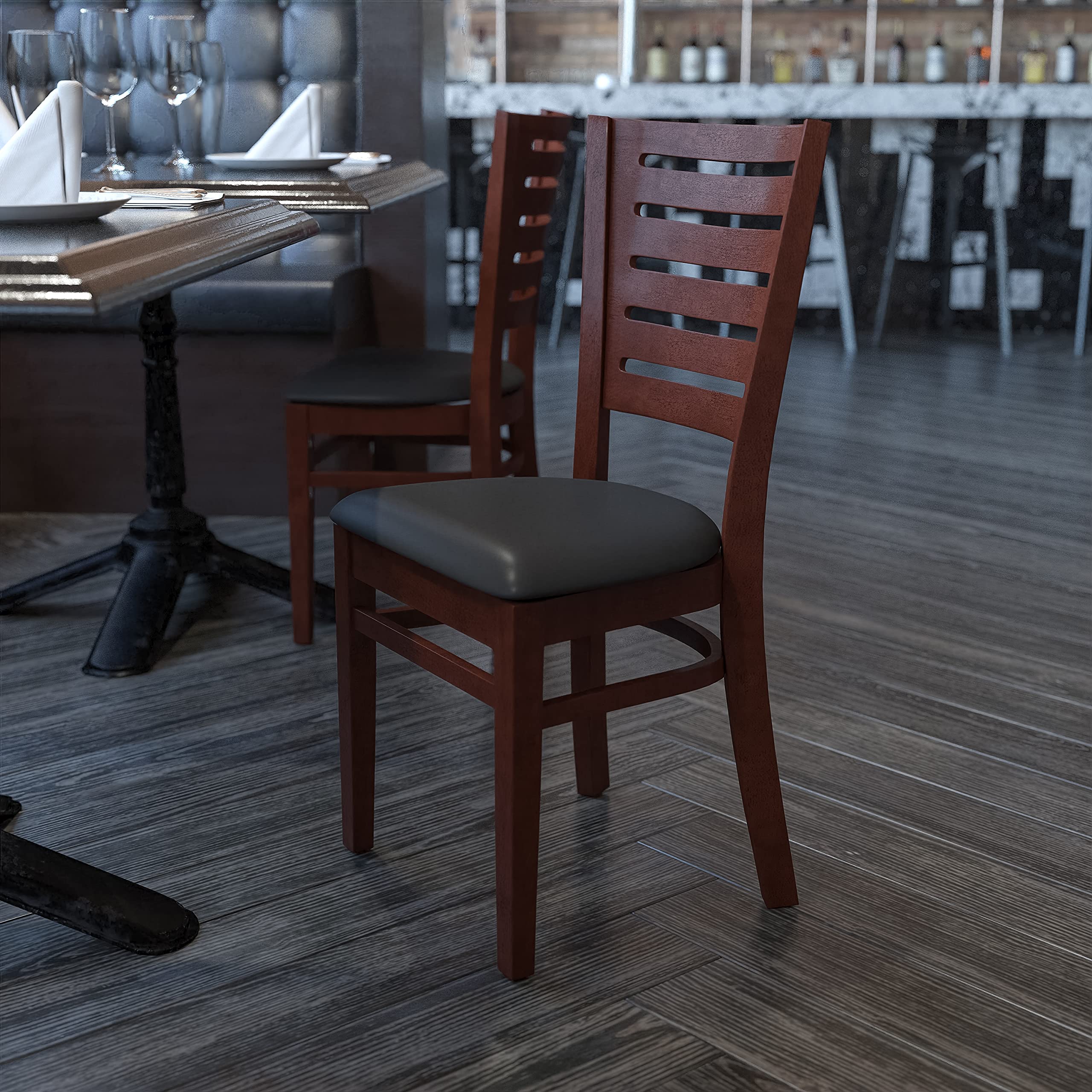 Flash Furniture Darby Series Slat Back Walnut Wood Restaurant Chair - Black Vinyl Seat