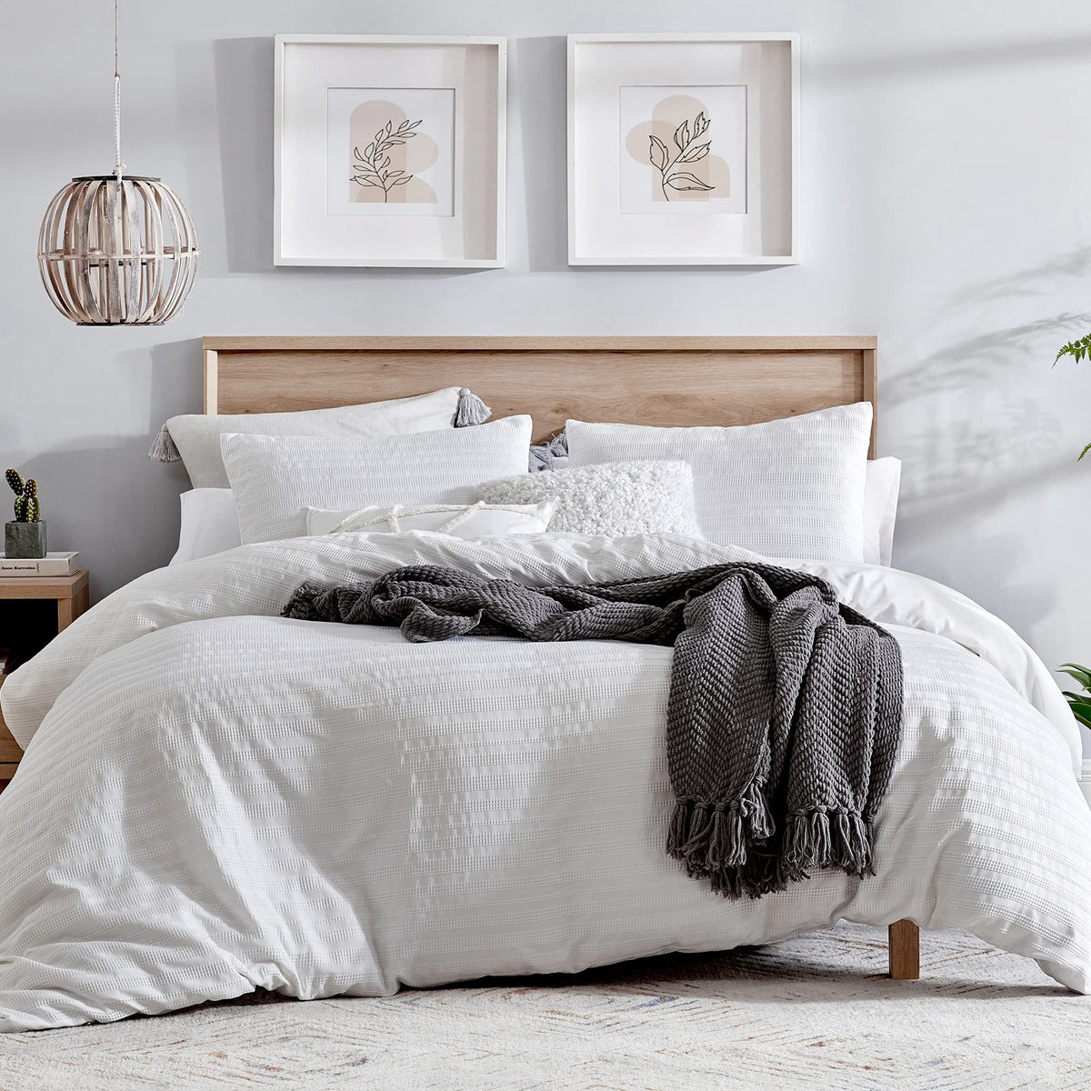 Loft Style White Bed In A Bag Queen Size 7 Pieces, Microfiber Bedding Set Comforter With Sheets, White Waffle Stripe