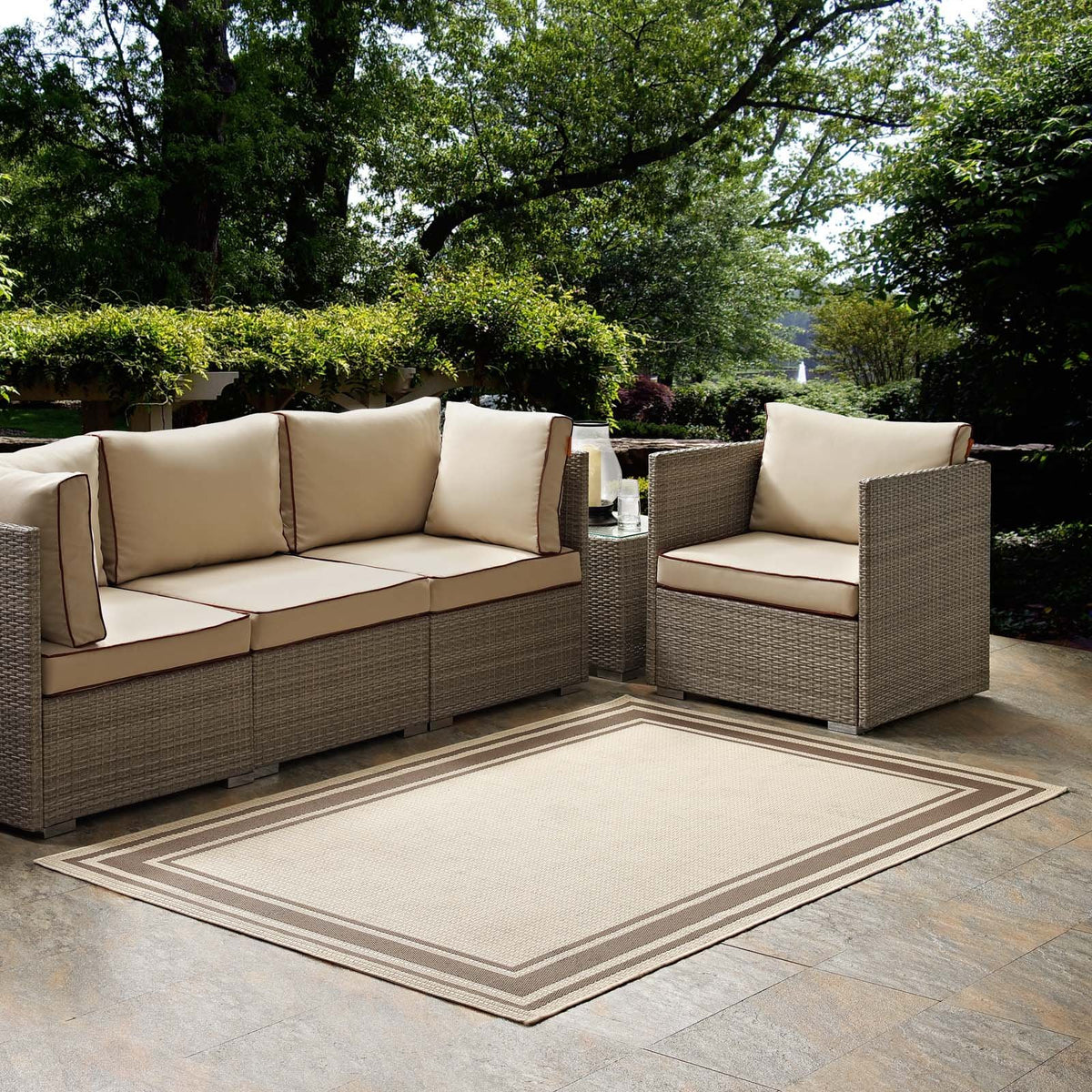 Modway Solid Borderline Indoor And Outdoor Rim Area Rug, 5X8, Light And Dark Beige