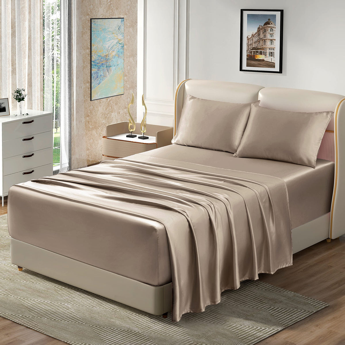 Homiest 4Pcs Extra Deep Pocket Satin Sheets King Size Bed Set, 18-24 Inch Deep Pocket Bed Sheets Taupe Satin Sheet Set, Silky Sa