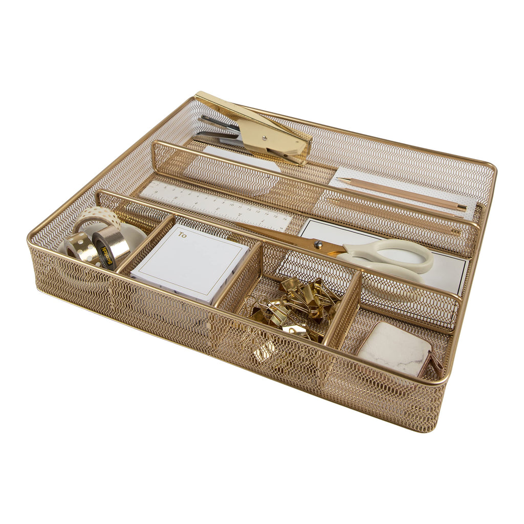 Blu Monaco Desk Drawer Organizer Tray For Office Organization - 6 Compartments - Gold Metal Mesh Large Drawer Organizer For Acce