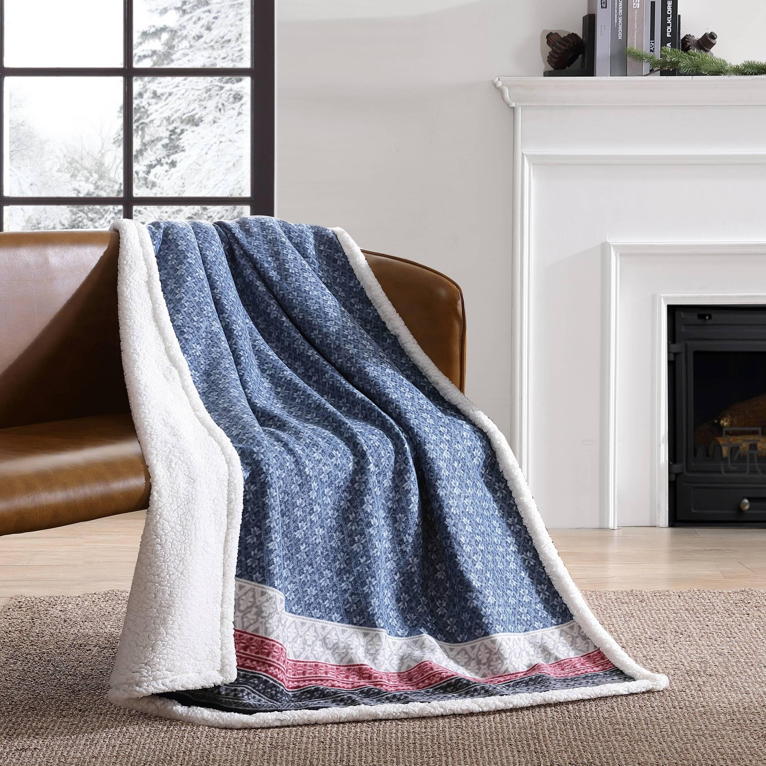Eddie Bauer Brushed Throw Blanket Reversible Sherpa & Brushed Fleece, Lightweight Home Decor For Bed Or Couch, Fair Isle Midnigh