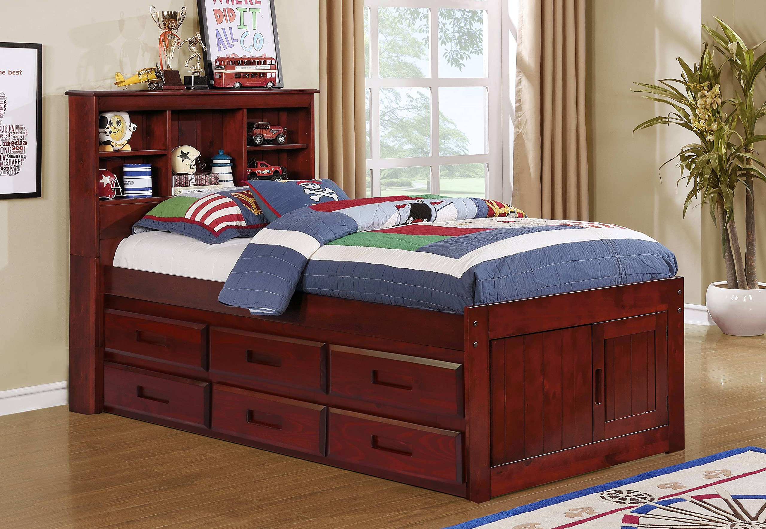 OS Home and Office Furniture Model 82820K6-22 Solid Pine Twin Captains Bookcase Bed with 6 Drawers in Rich Merlot