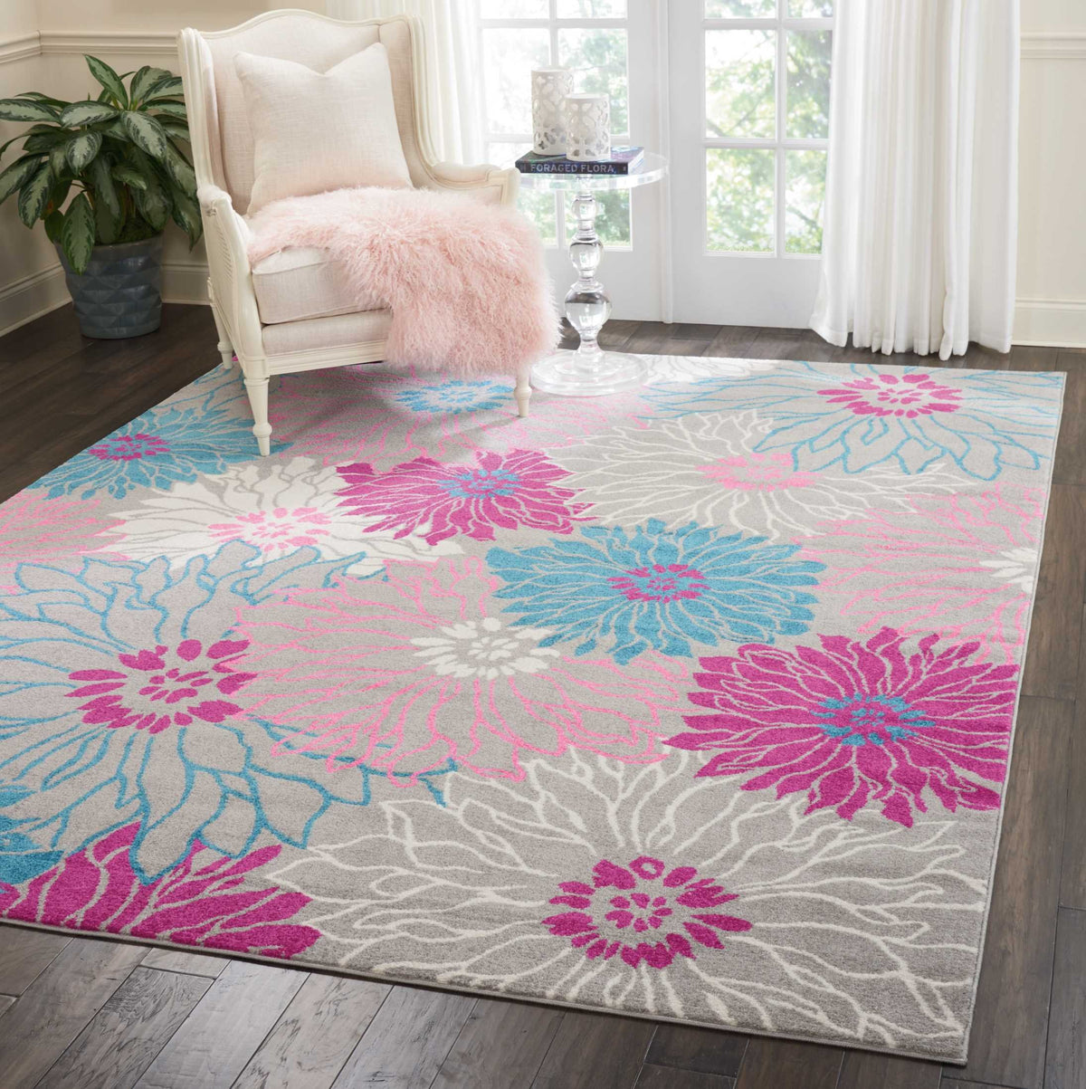 Nourison Passion Grey 8' X 10' Area Rug, Floral, Farmhouse, Easy Cleaning, Non Shedding, Bed Room, Living Room, Dining Room, Kit