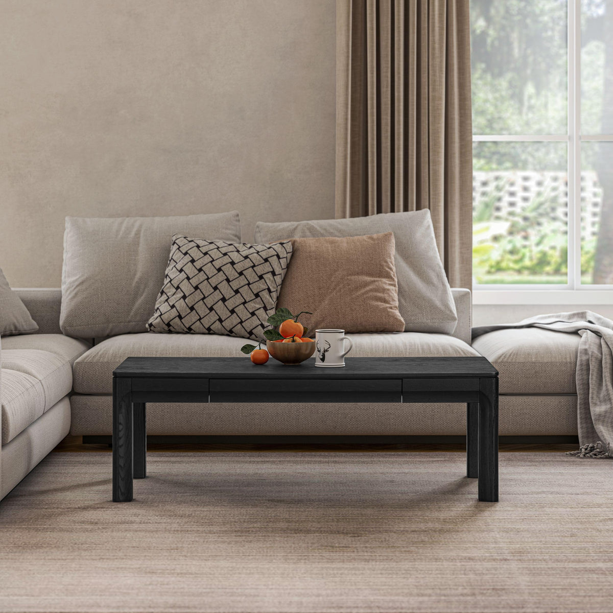 Ntc Flow Modern Wooden Rectangle Coffee Table With Hidden Drawer - Waterproof & Heat Resistant, Burnt Black