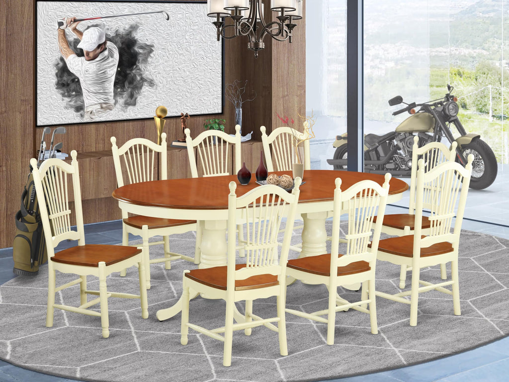 East West Furniture PLDO9-WHI-W 9 Piece Dining Room Furniture Set Includes an Oval Kitchen Table with Butterfly Leaf and 8 Dining Chairs, 42x78 Inch, Buttermilk & Cherry
